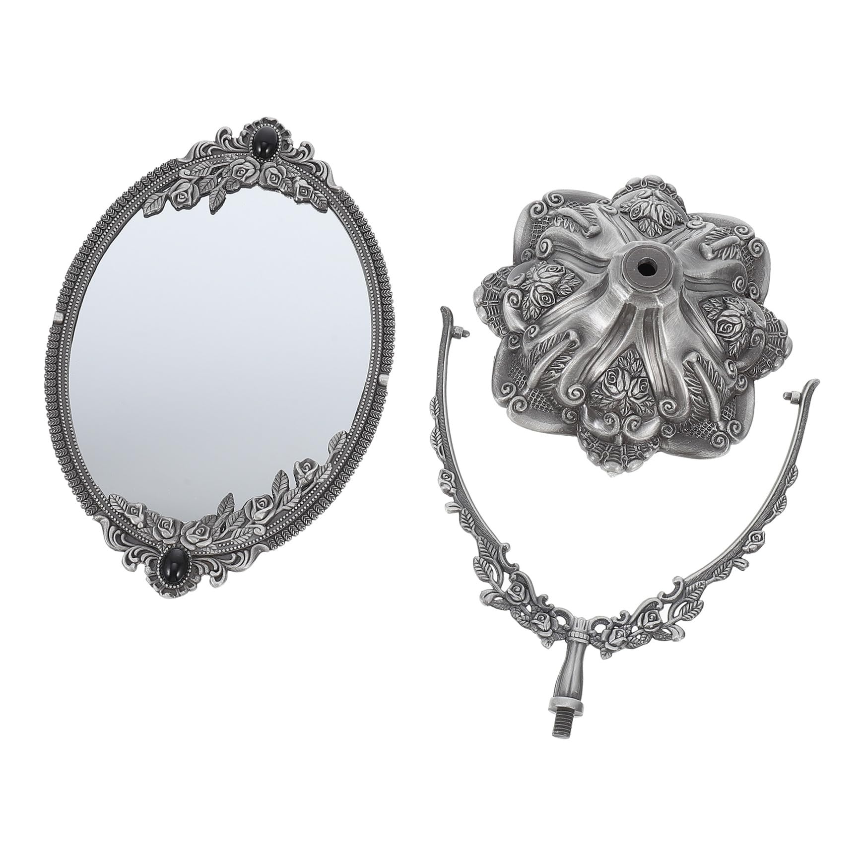 PACKOVE Vintage Schminkspiegel aus Zinklegierung, Doppelseitig, Drehbar | Silber, Flacher Standfuß, Europäischer Stil, für Hochzeits und Make Up Anwendung