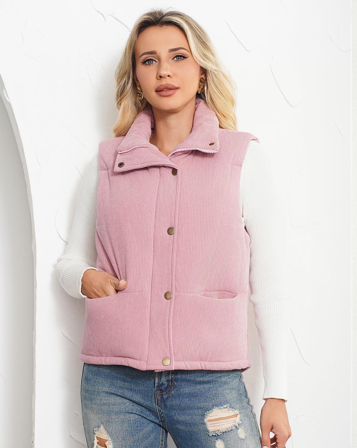 Womens Corduroy Puffer Vest Stand Collar Zip Snap Button Sleeveless Warm Waistcoat Padded Gilet - Image 7
