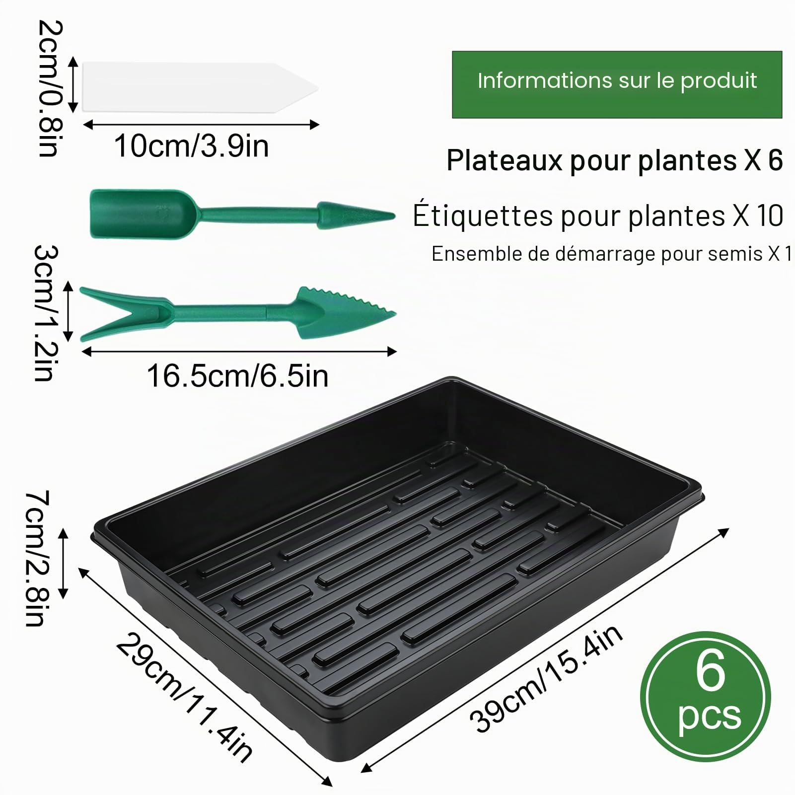 6 Pièce Plateau Semis Réutilisable Plateaux de Culture sans Trous avec Etiquette Semis pour Légume Fleurs Germination Hydroponique Jardin Serre (6, 39x29x6.5cm)