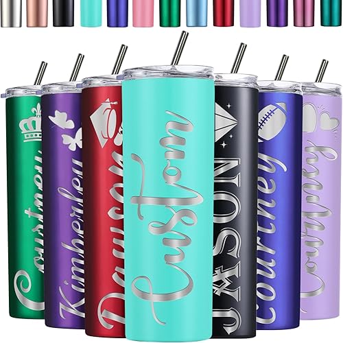 Miniatura 10 de Vaso delgado personalizado de acero inoxidable de 20 onzas con nombres, tapas, pajitas, grabado personalizado, taza de café de viaje, regalos para