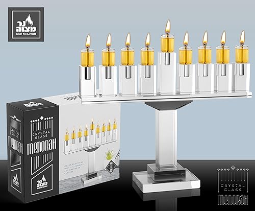 Miniatura 10 de Ner Mitzvah Menorá de Hanukkah de cristal azul, se adapta a todas las velas estándar de Janucá, moderna vela de cristal para Janucá, 9 pulgadas