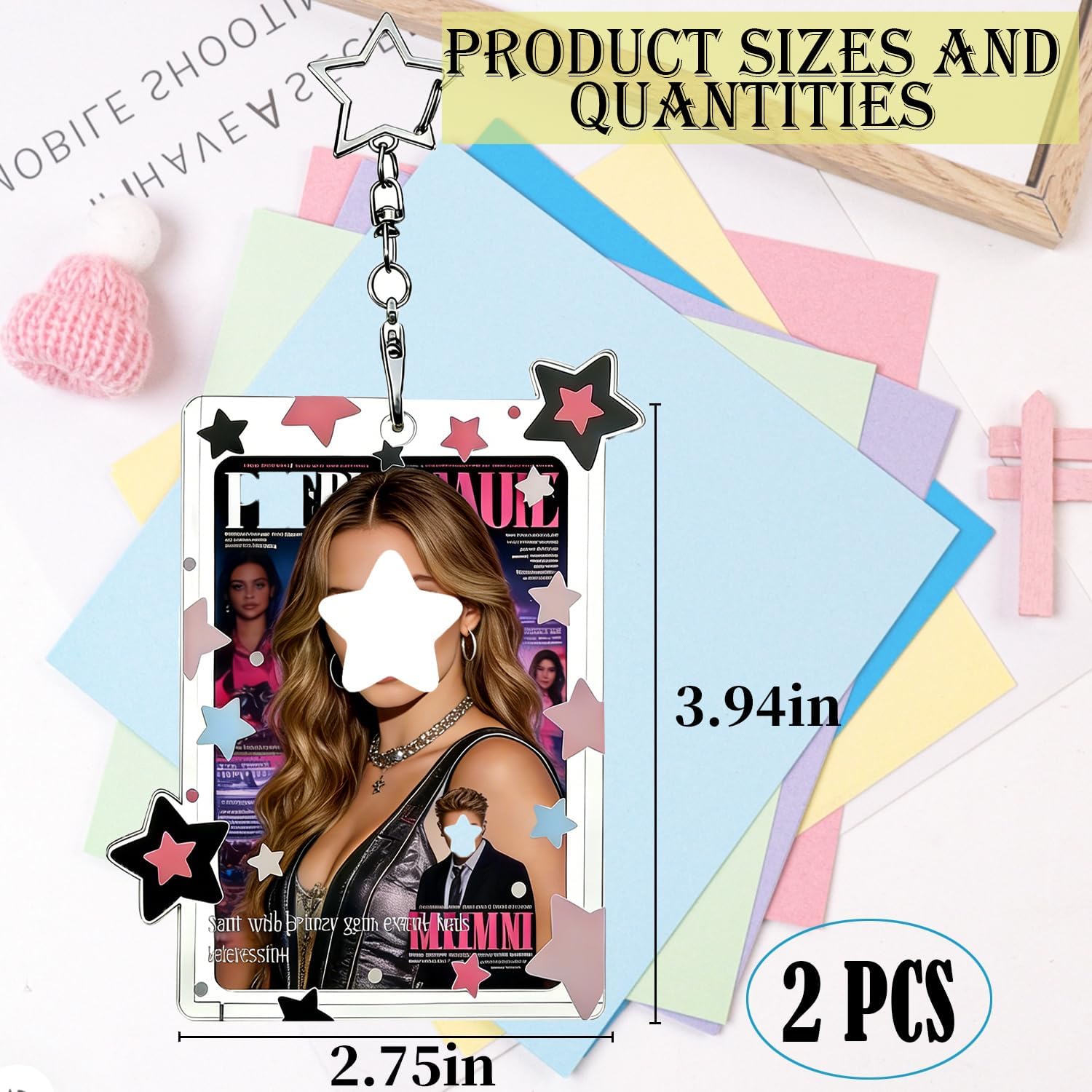 2 Pack Photocard Holder Keychain, Cute Acrylic Photo Card Holder with Star Pendant 2.75 Inch