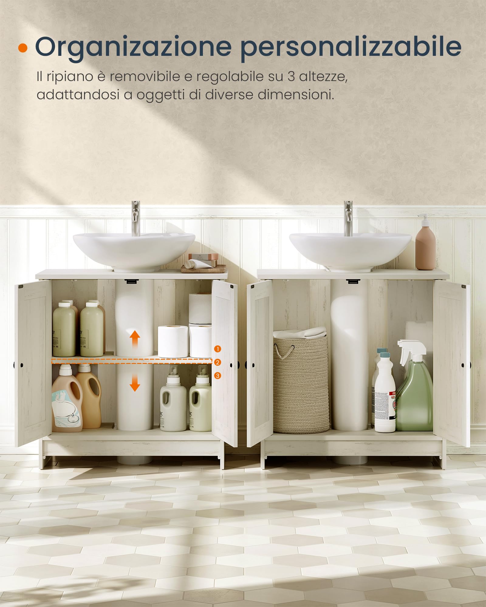 SONGMICS HOME Mobile Sottolavabo da Bagno, Montaggio Rapido Senza Attrezzi Toolless, Mobiletto con Ripiano Regolabile per Lavabo con o senza Colonna, Bianco Vintage BBC223WJ01