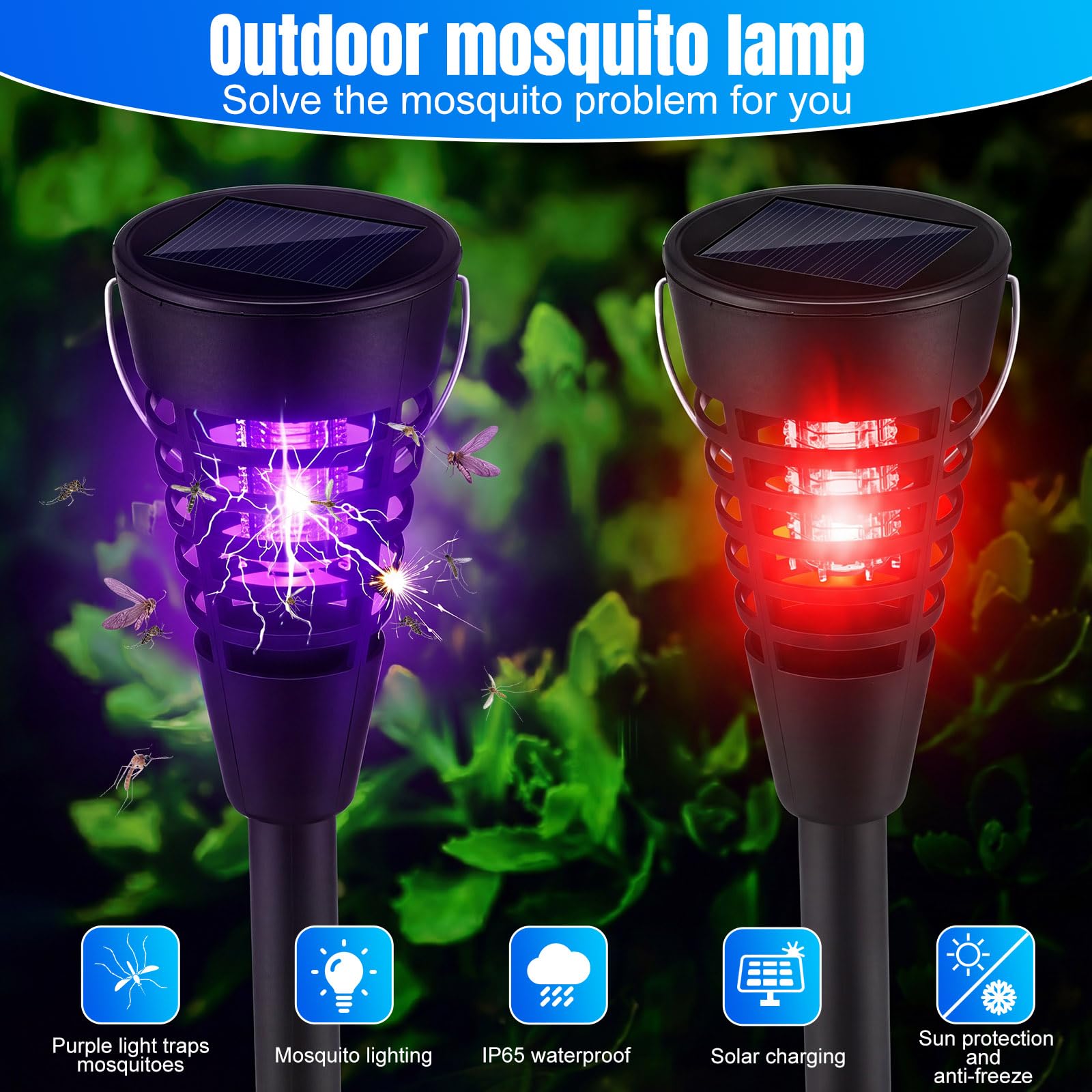 Qualirey 4 Stück Solar Insektenvernichter & Mückenvernichter für den Außenbereich, wasserdicht, kegelförmiges LED-Licht, Mückenschutz für Terrasse, Garten, Hof, Camping – Hänge-/Einsteckdesign