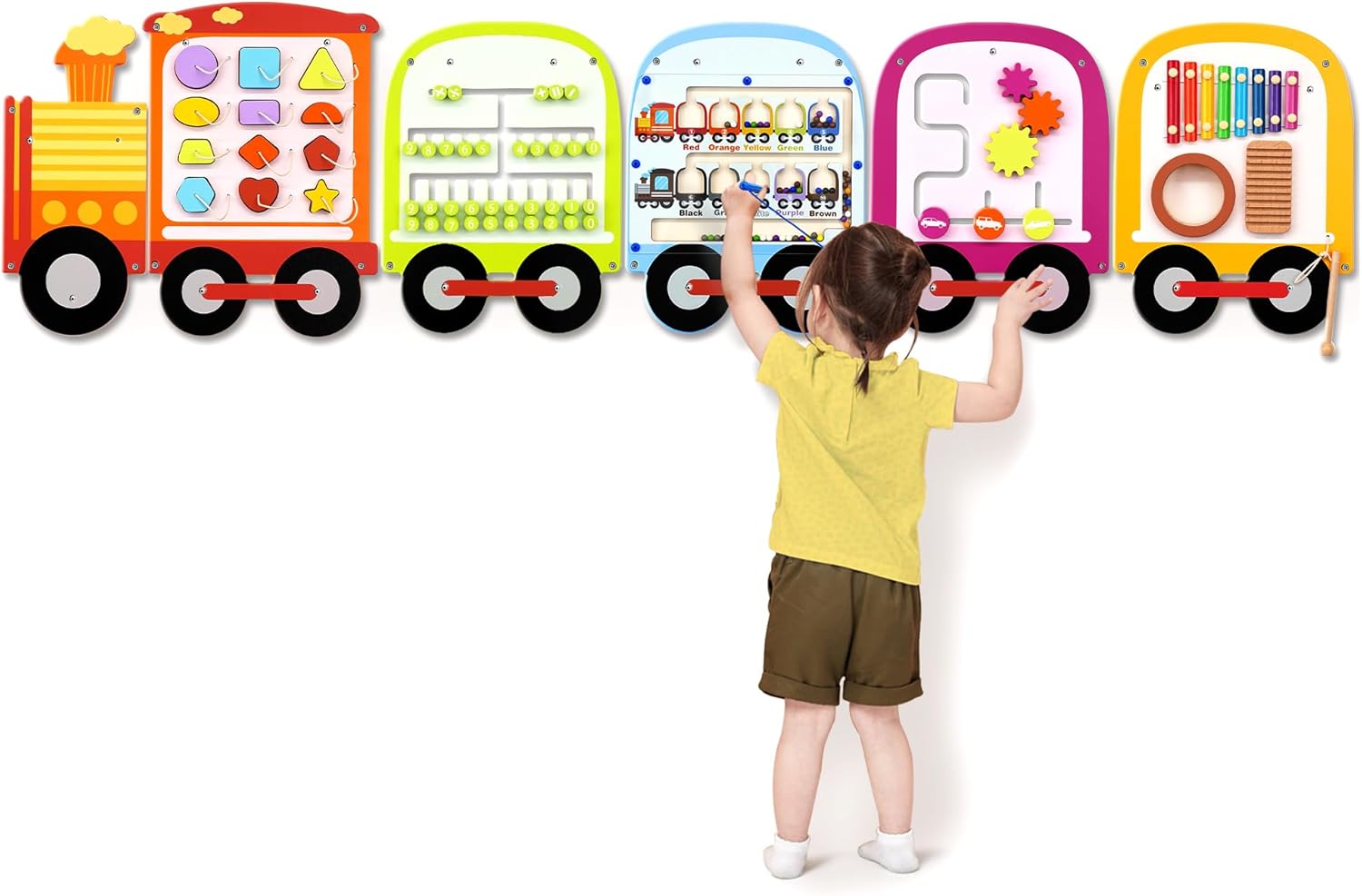 Joyreal Wooden Busy Board Train Activity Wall Panels - Montessori Sensory Wall Toys for Toddlers - Learning Activity Center for Playroom & Daycare Decor - Educational Toy Gift for Boys and Girls 18 M+