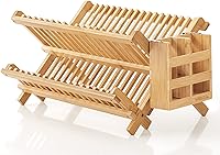Vista 2 de HBlife Escurreplatos plegable de bambú de 2 niveles con soporte para utensilios y plato de platos, tazón, tazón, tapa de olla, tabla de cortar