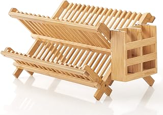 HBlife Bamboo 2-Tier Folding Dish Drying Rack with Utensil Holder - Collapsible Drainer for Plates Bowls Flatware