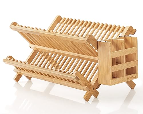 HBlife Dish Rack, Bamboo Folding 2-Tier Collapsible Drainer Dish Drying
