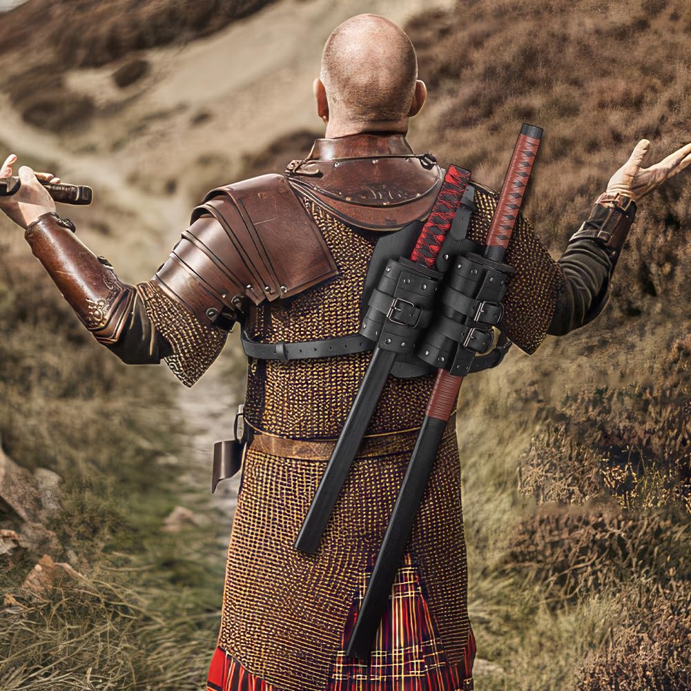 NBEADS Espada medieval de rana trasera, doble funda de espada ajustable, cinturón de espada de cuero, disfraz de guerrero vikingo para Halloween, accesorios renacentistas