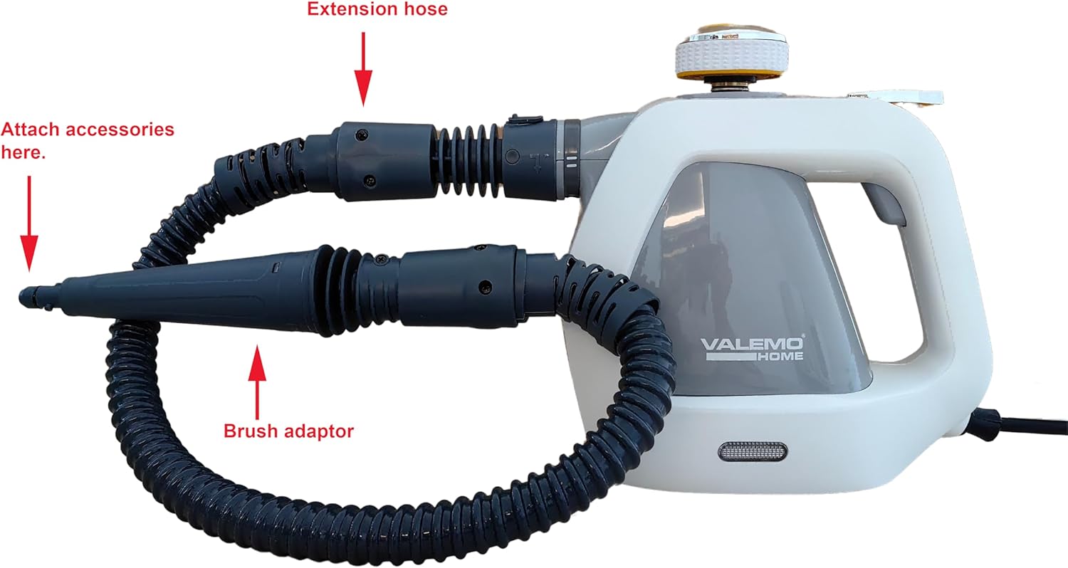 Valemo VH-ST10 steam cleaner with an extension hose and brush adapter attached.