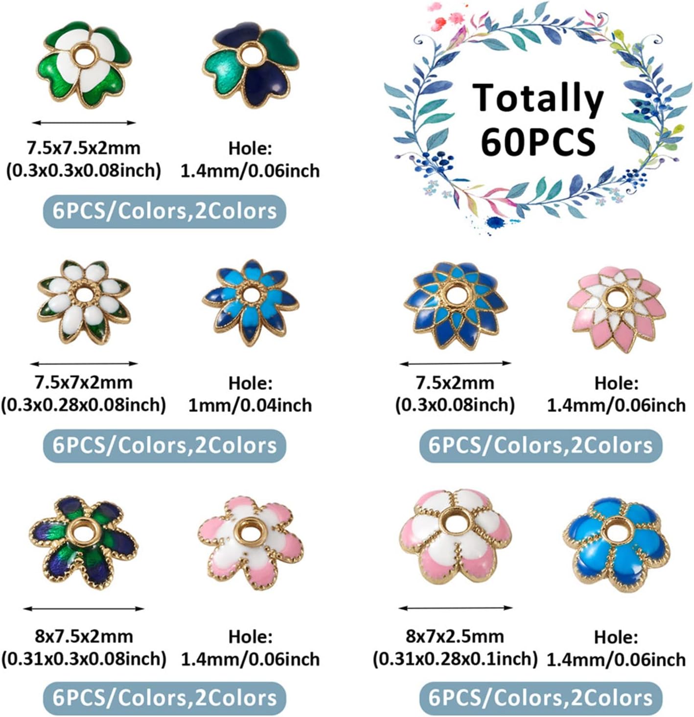 Pandahall 60pcs Alloy Enamel Flower Bead Caps 5 Styles Golden Floral Bead Spacer for DIY Bracelet Necklace Pendant Earring Making - Image 6