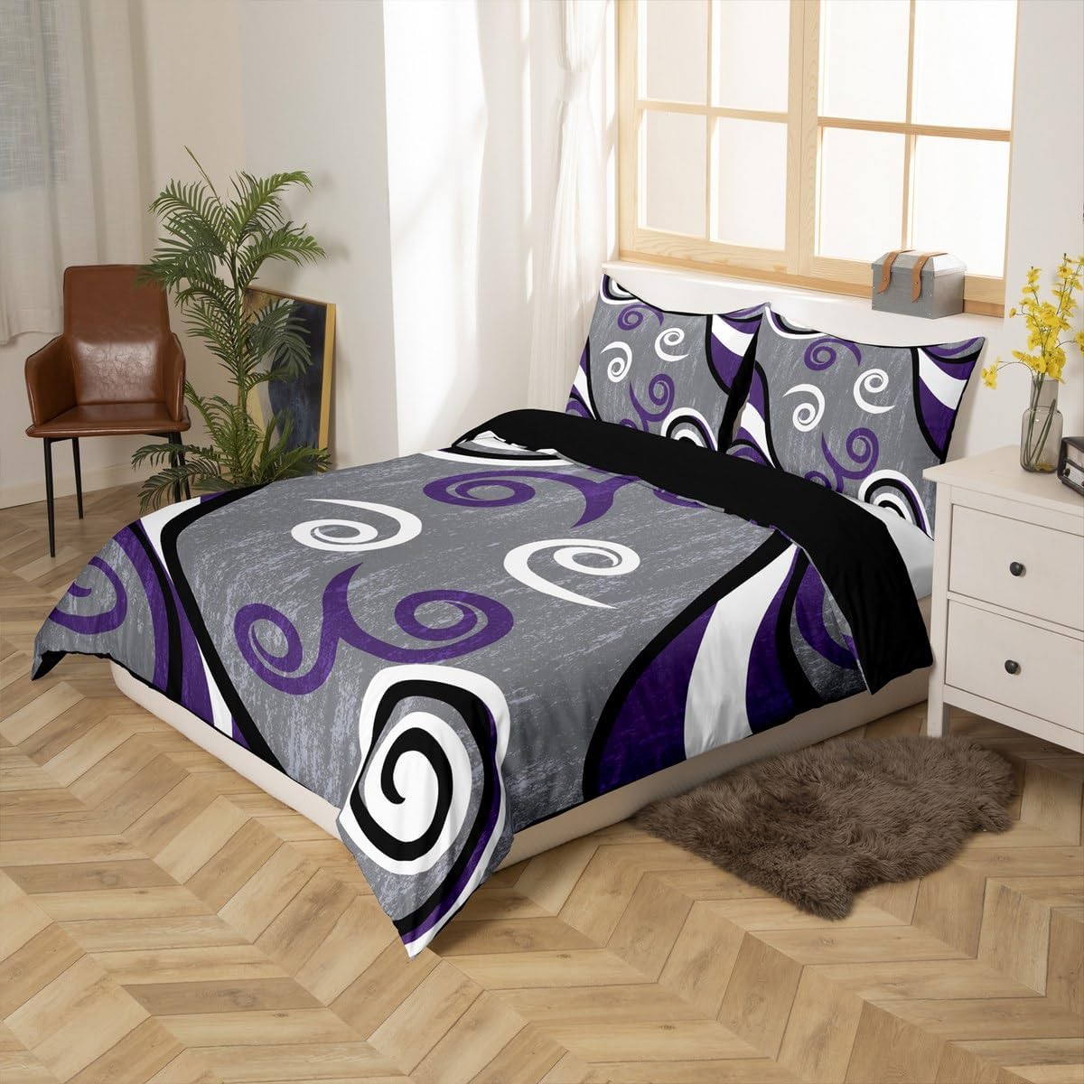 Manfei Retro Creative Stripes Duvet Cover (No Comforter) Queen 3 Pcs for Kids,White Purple Geometric Bedding Set Room Decor Gifts,Modern Abstract Swirls Comforter Cover with 2 Pillowcases image 5