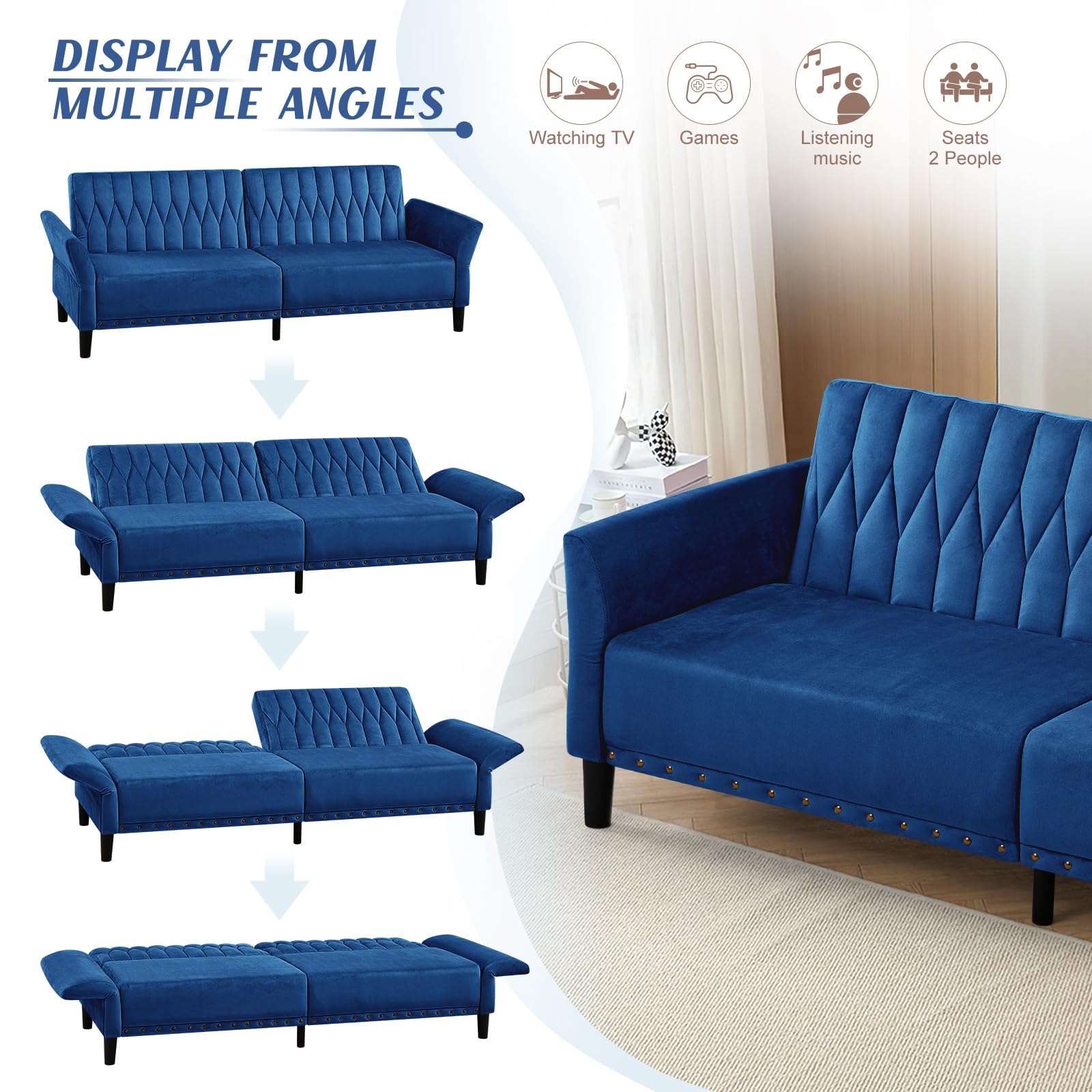 77” Velvet Sofa Bed with Adjustable Armrests and Backrests, Blue | Tufted Convertible Futon Couch with Nailhead Trim, Loveseat Modern Velvet Sleeper Sofa for Living Room,Bedroom,Office