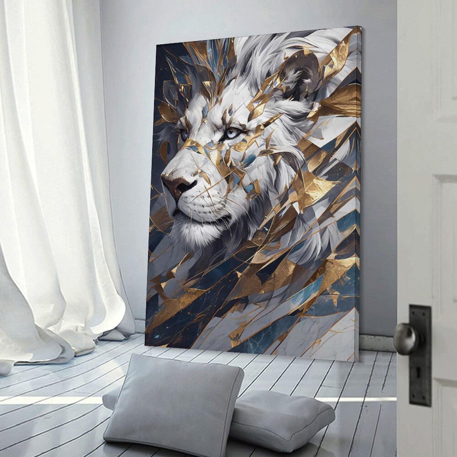 Junmoney Decorative Canvas Print Abstract Lion Portrait with Gold Accents, 12x18inch(30x45cm), for New Homes, Bedrooms Or Workspaces, Thoughtful Wall Decor for Art Lovers