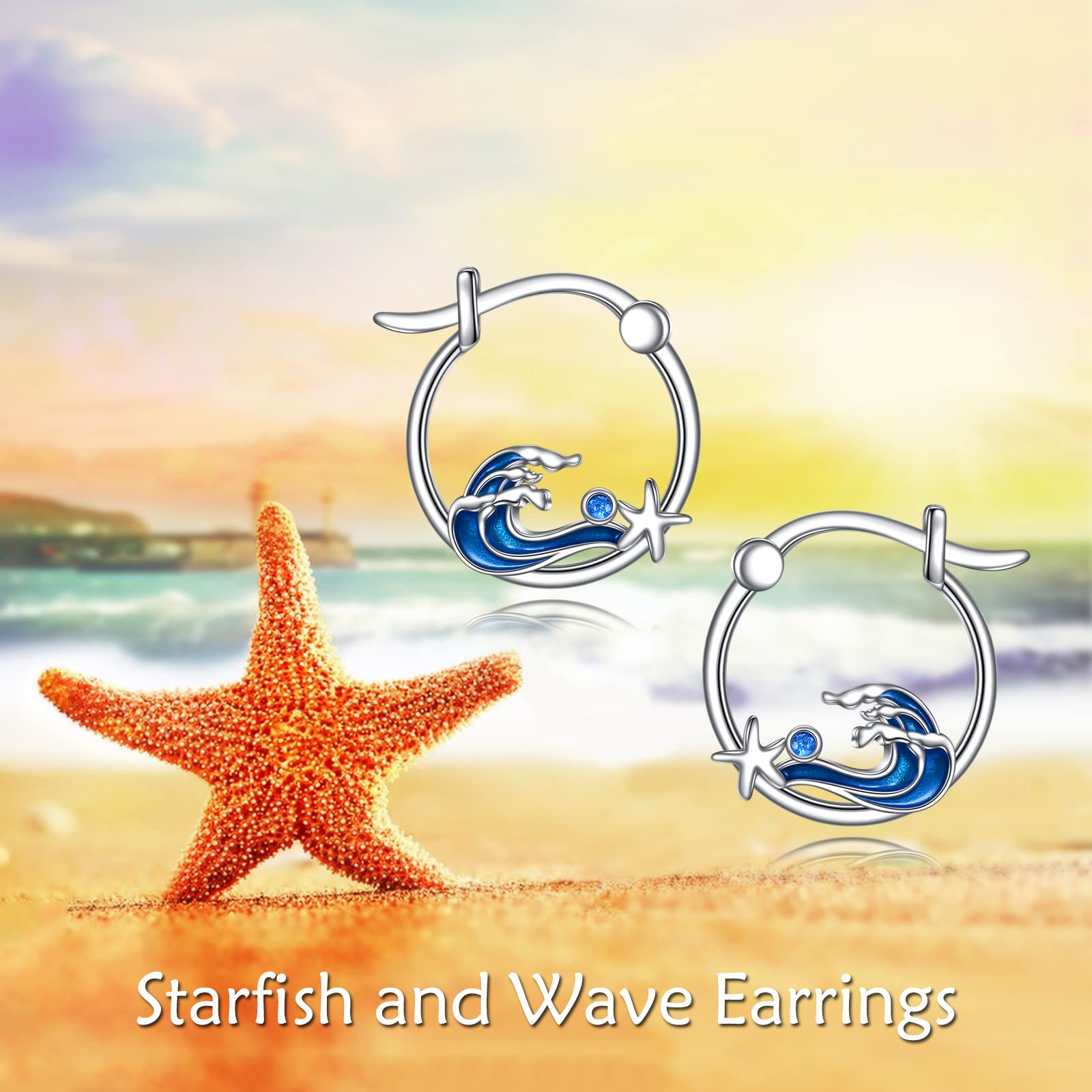 YFN Pendientes de estrella de mar de playa para mujer, plata de ley, océano, ola, aro, pendientes