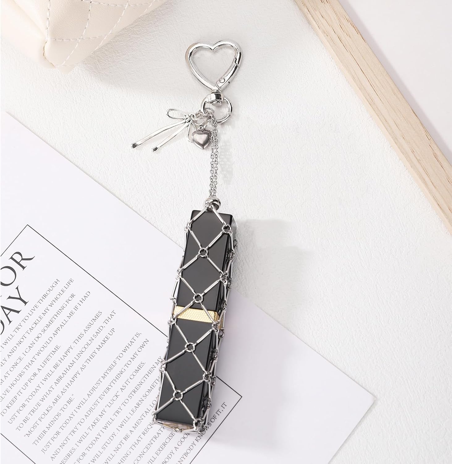 SHOWNICE Lipstick Case with Mirror Lip gloss Holder Charms for Handbag Lip balm Case chic chapstick Holder Key chains (Silver Heart)