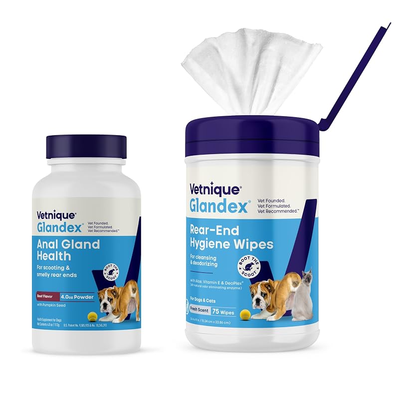 Suplemento em Pó para Cães e Gatos com Fígado Bovino e Lenços Higiênicos Glandex, 113 g e 75 unidades