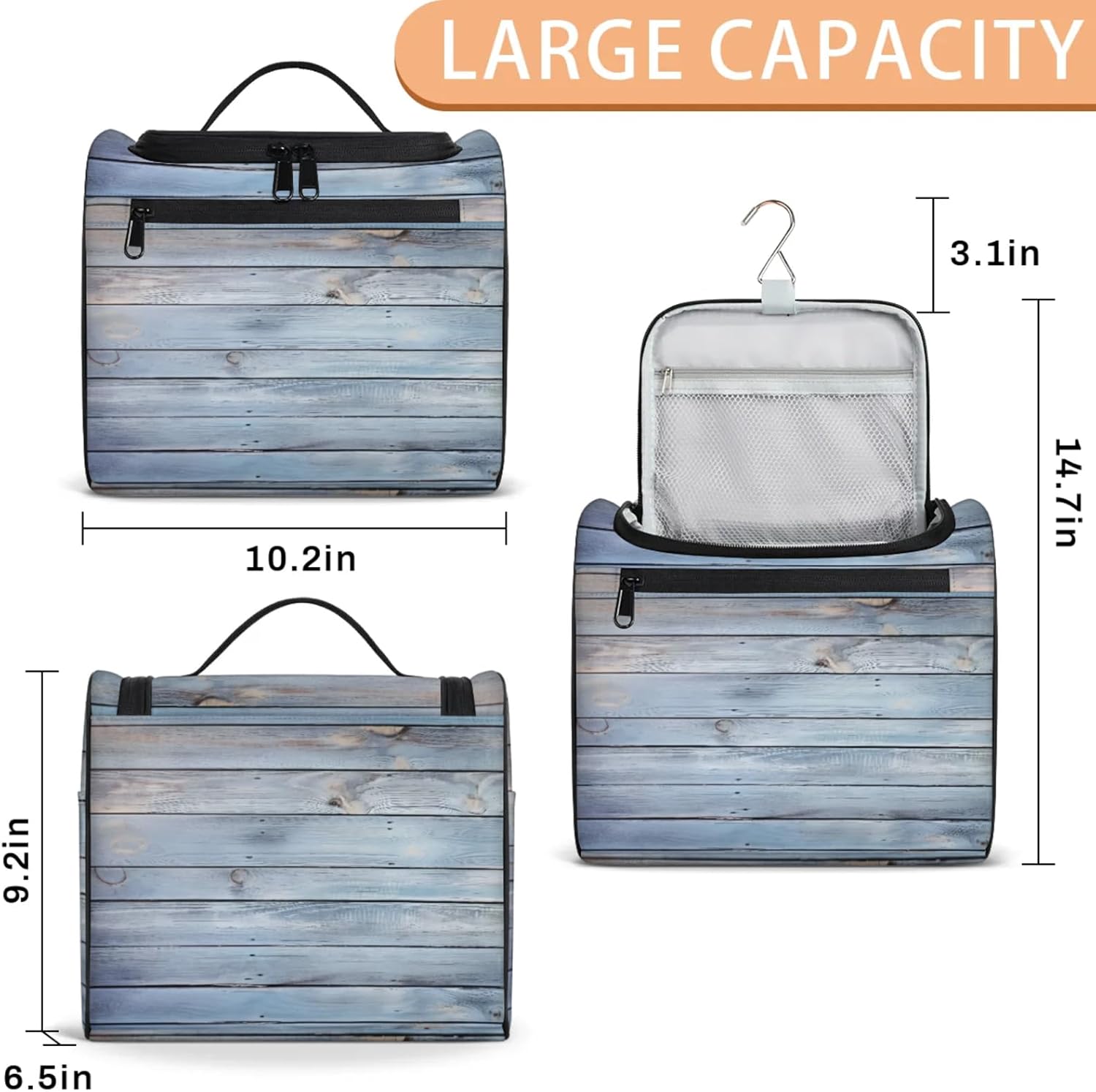 cfpolar Toiletry Bag for Women, Summer Wooden Beach Hanging Travel Toiletry Bag, Water-resistant Cosmetic Makeup Organizer for Toiletries and Cosmetics, Bathroom Shower Bag with Handle and Hook