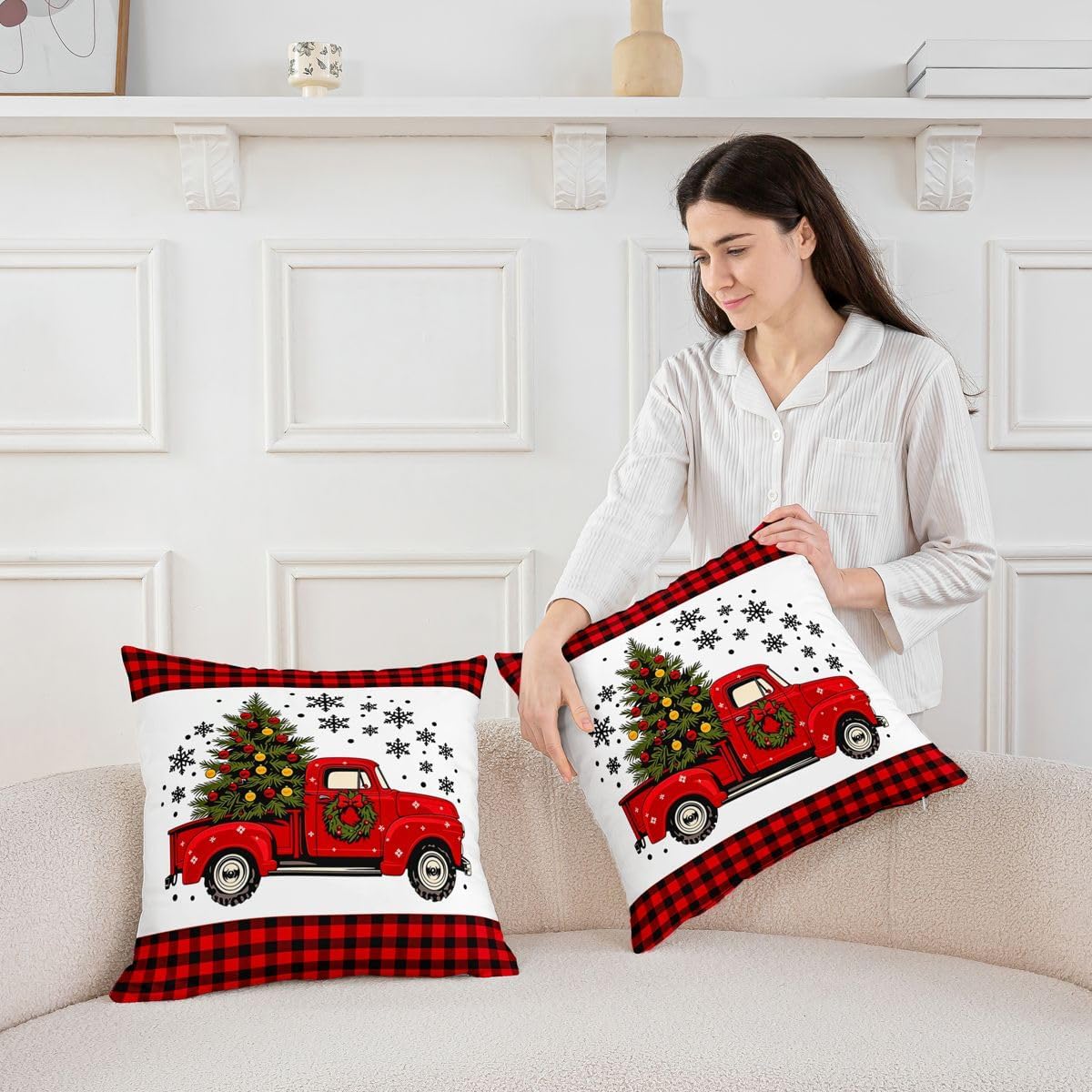 Castle Fairy Vintage Xmas Truck Throw Pillow Cover,Buffalo Plaid Cushion Cover 24"x24" for Women Teens Boys,Merry Christmas Theme Pillowcase for Car RV Livingroom,Red White Pillow Cover,Single Pack image 3
