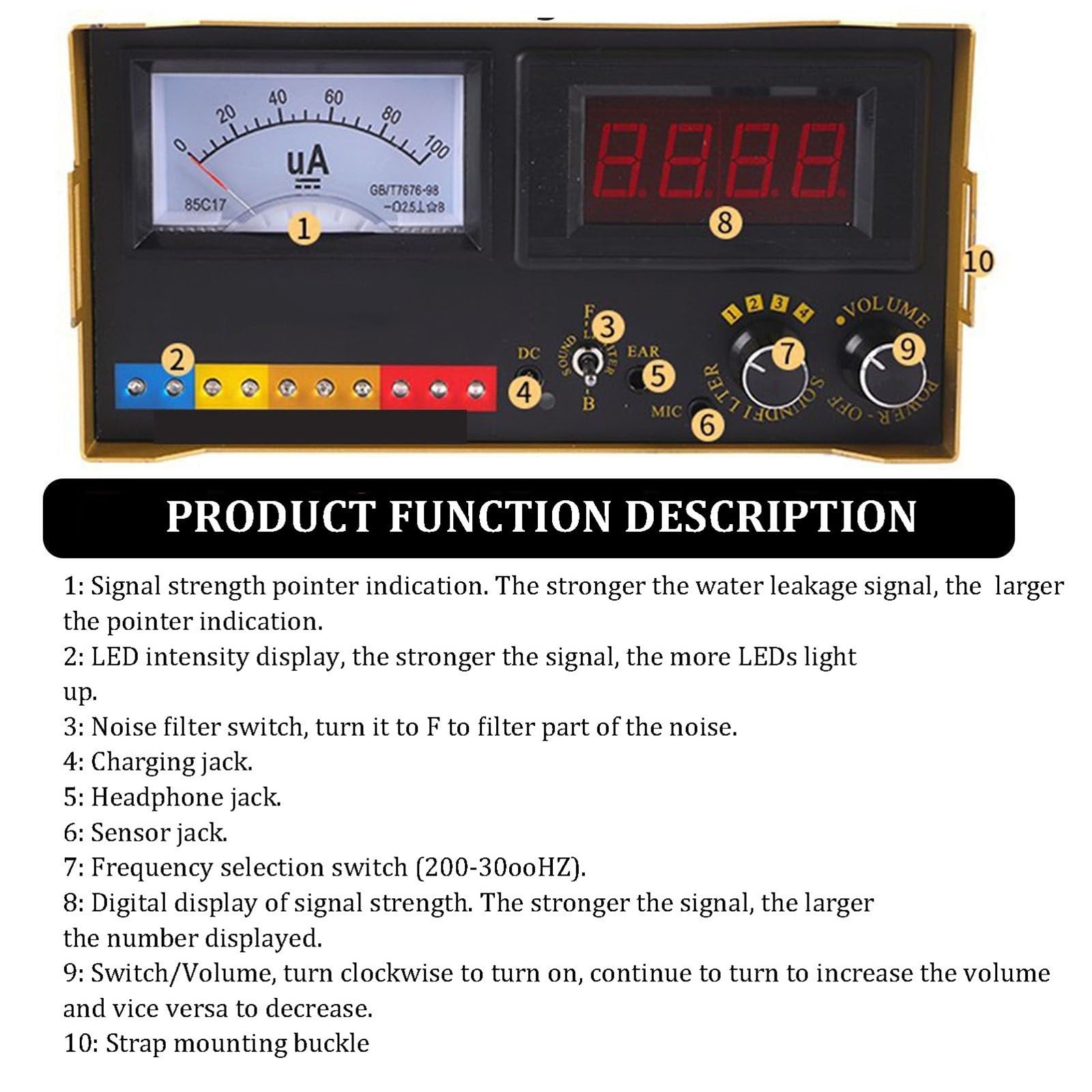 Detector Profesional Fugas Agua Tuberias Subterraneas Equipo Electrico para Sitio Construccion Deteccion Fugas Interior Exterior Auriculares Ajustable 1-4