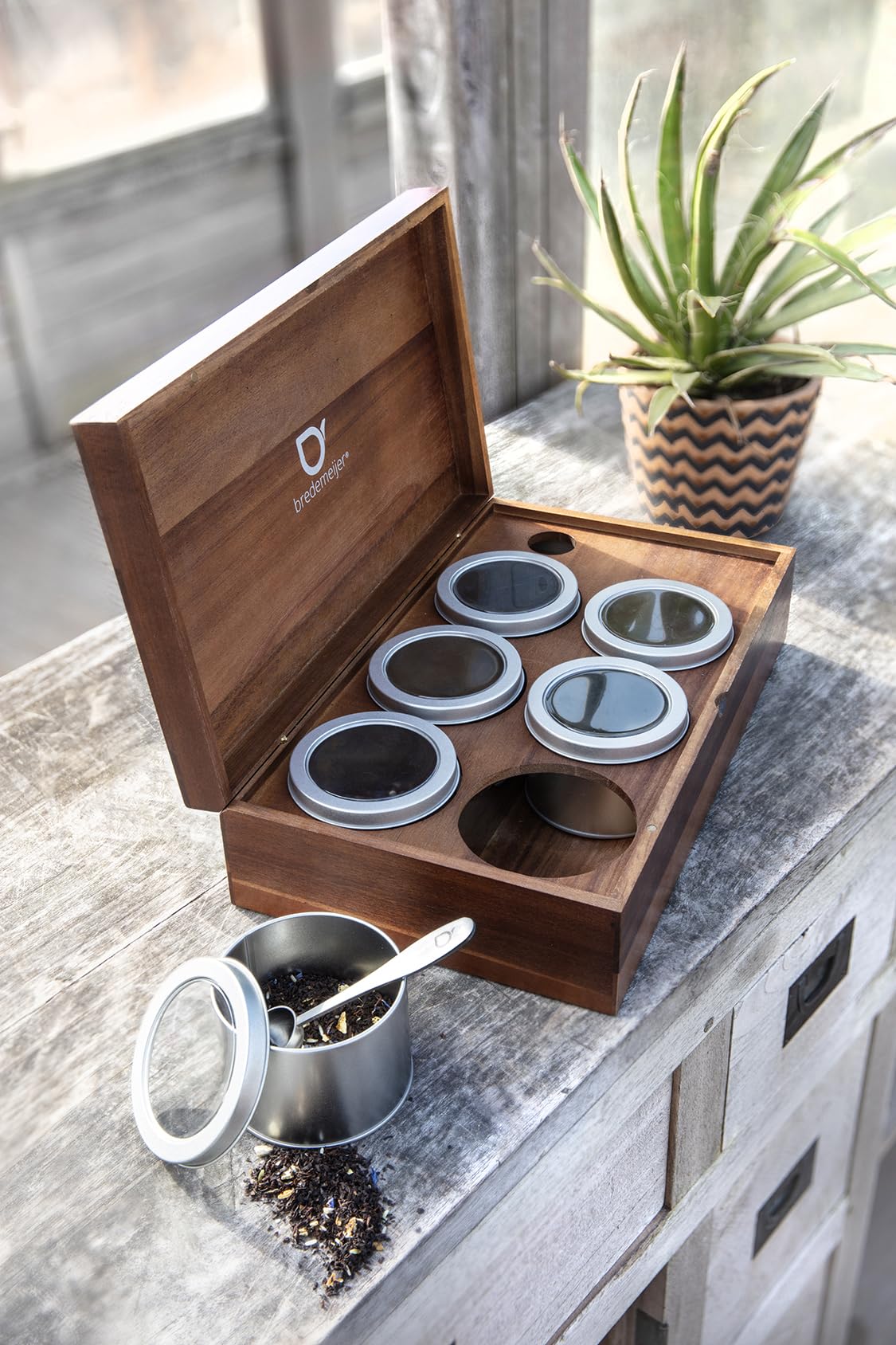 Bredemeijer - Caja de té con 6 latas y cuchara dosificadora de té acacia