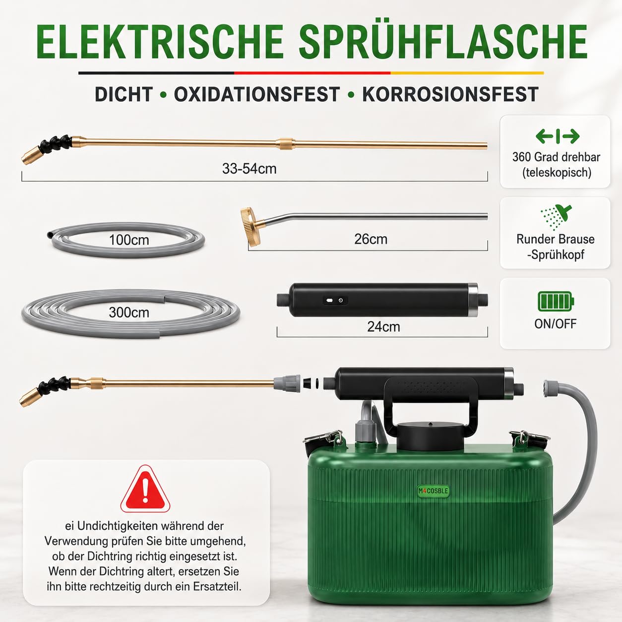 Pulverizador eléctrico 5L con batería 2200mAh, Lanza telescópica de Cobre 33–54cm 2 en 1, Lanza de Acero Inoxidable y Manguera 1m+3m, pulverizador batería para jardín y Plantas (5L)