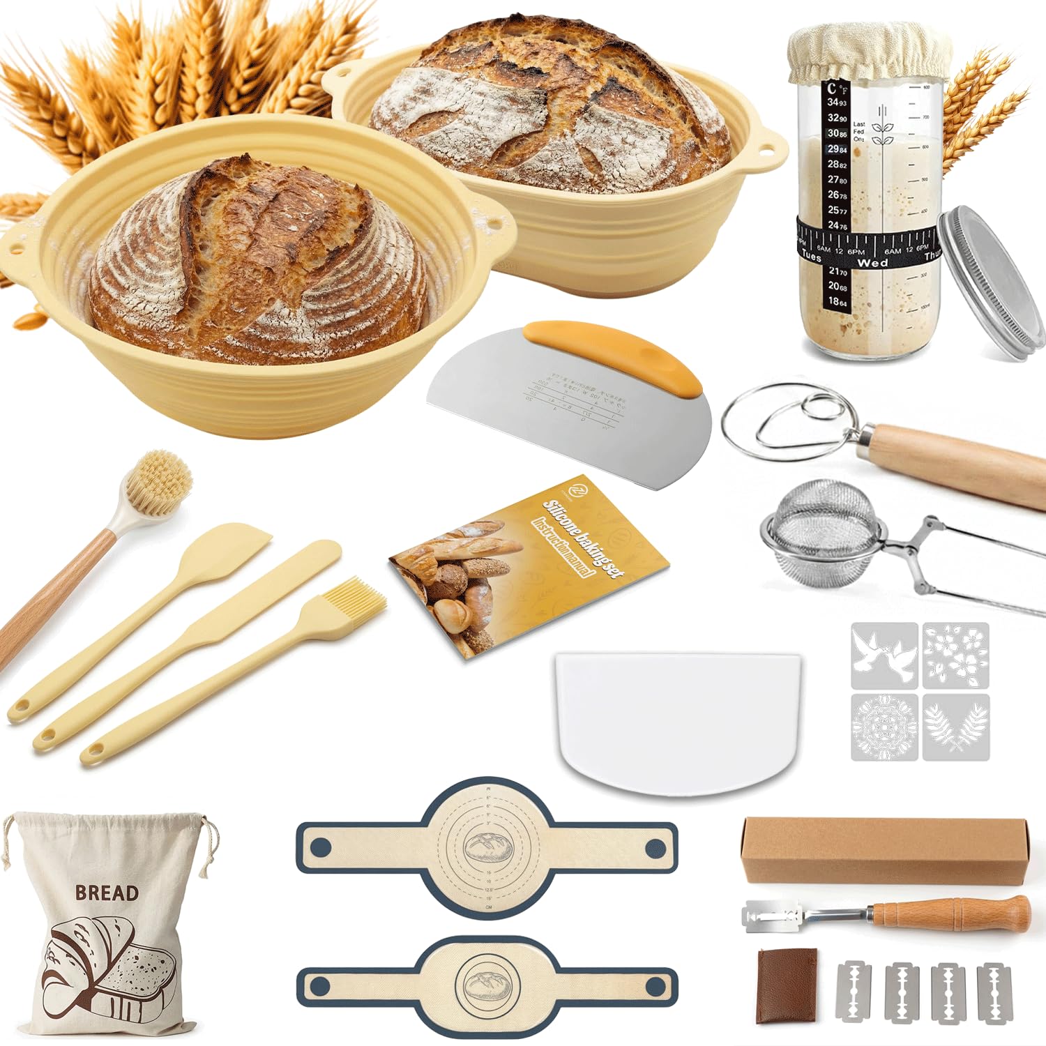Sourdough Starter Kit with 24oz Glass Jar, 28Pcs Complete Bread Making Set, Silicone Banneton Bread Proofing Basket Set, Sour Dough Starter Kits, Bread Proofing Kit, Scraper, Sourdough Tools