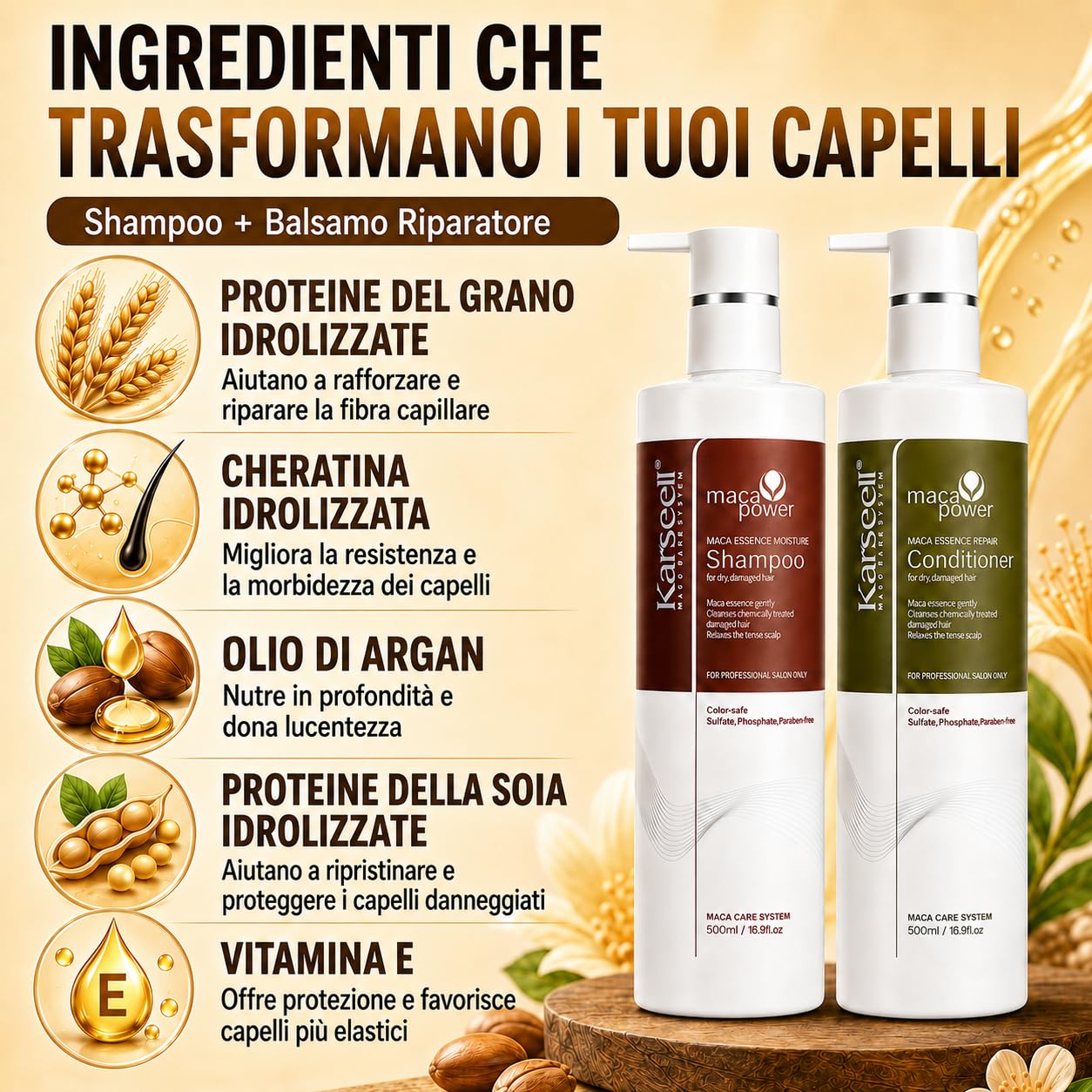 Karseell MACA CARE SYSTEM Set Shampoo Idratante + Balsamo Riparatore Capelli Secchi Danneggiati Colorati Ricci Lisciati Nutriente Anticrespo Collagene Argan Maca Professionale Senza Solfati 2x500ml