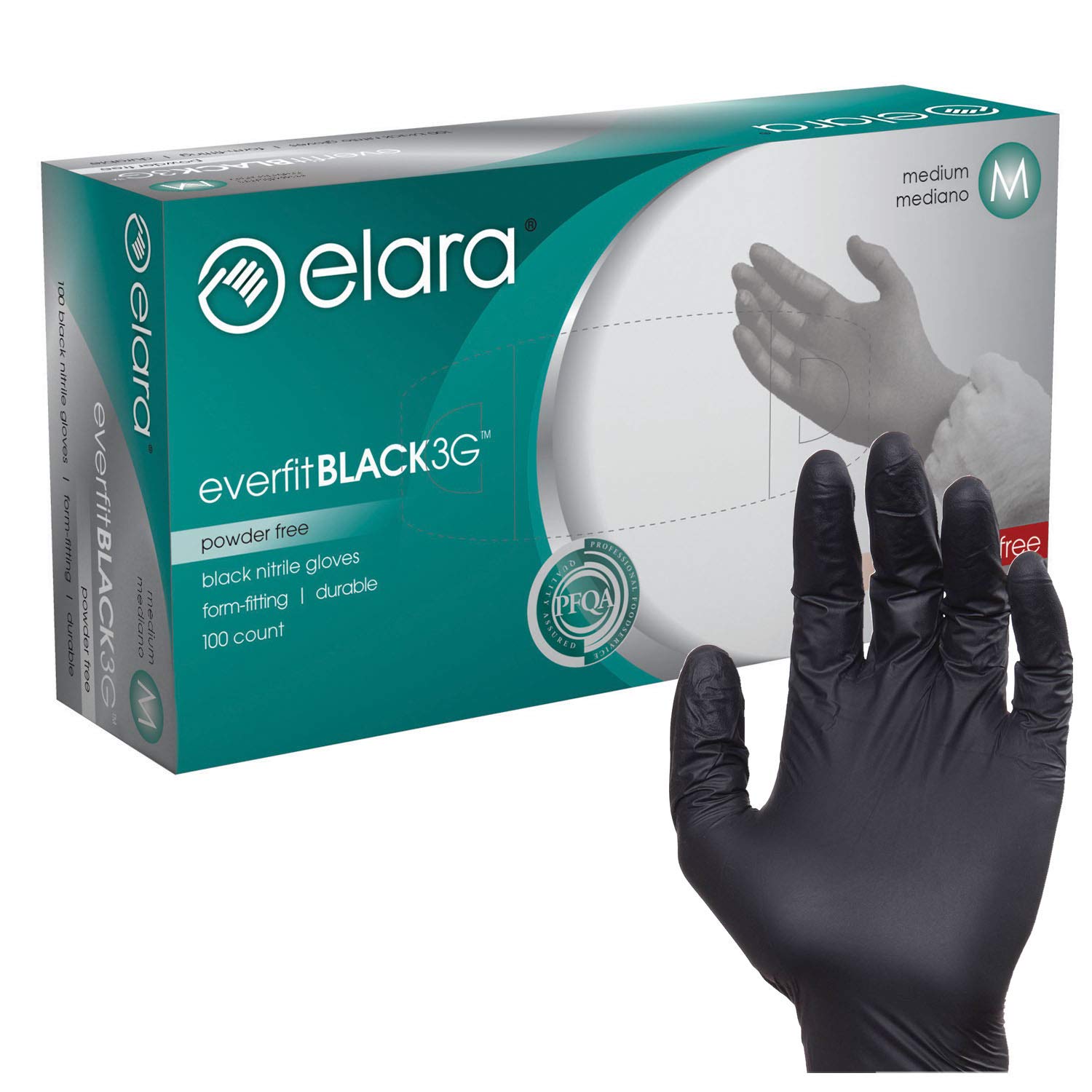Elara FNE302BK EverfitBLACK3G Nitrile Disposable Gloves, 3 mil, Black, Powder Free, Food Safe, Not Made with Natural Rubber Latex, Size Medium, Box of 100 (FNE302BK-100)