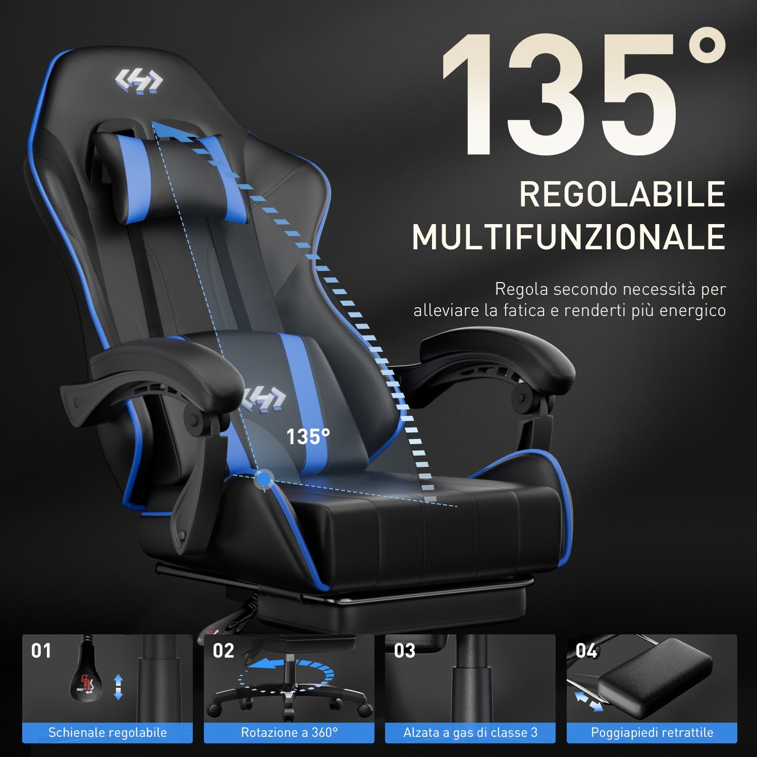 HLFURNIEU Sedia Gaming Ergonomica, Sedia Gamer con Poggiatesta e Poggiapiedi Telescopico, Poltrona Gaming con Supporto Lombare, Schienale Regolabile 90°-135°, Nero e Blu