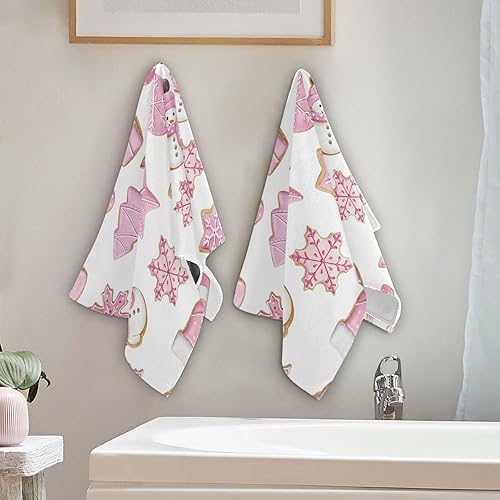 Miniatura 4 de VIGTRO Paquete de 2 toallas de mano de pan de jengibre de Navidad acuarela, toalla de cocina de galletas de Navidad color rosa, ultra suave y