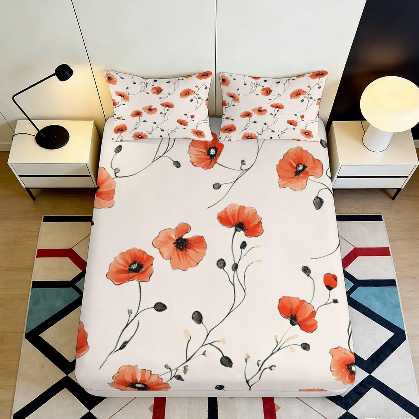 3D Printed Red Poppy Fitted Sheet Microfiber Soft Durable Floral Bed Sheet with 3D Printed Orange Poppy Mattress Cover for Bedroom Dormitory Guest Room 180x200x25cm