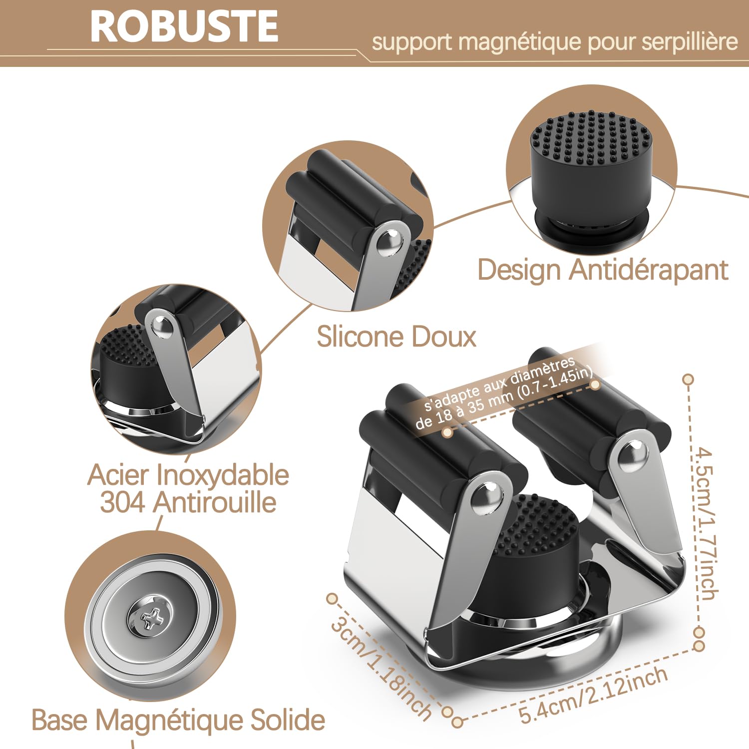 3-H Accroche Balai Magnétique en Acier Inox, Lot de 4 Support Balai Magnétique avec 4 Mini Crochet Aimanté Puissant, Porte Balais Mural Sans Percer pour Garage, Cuisine, Buanderie,Argenté