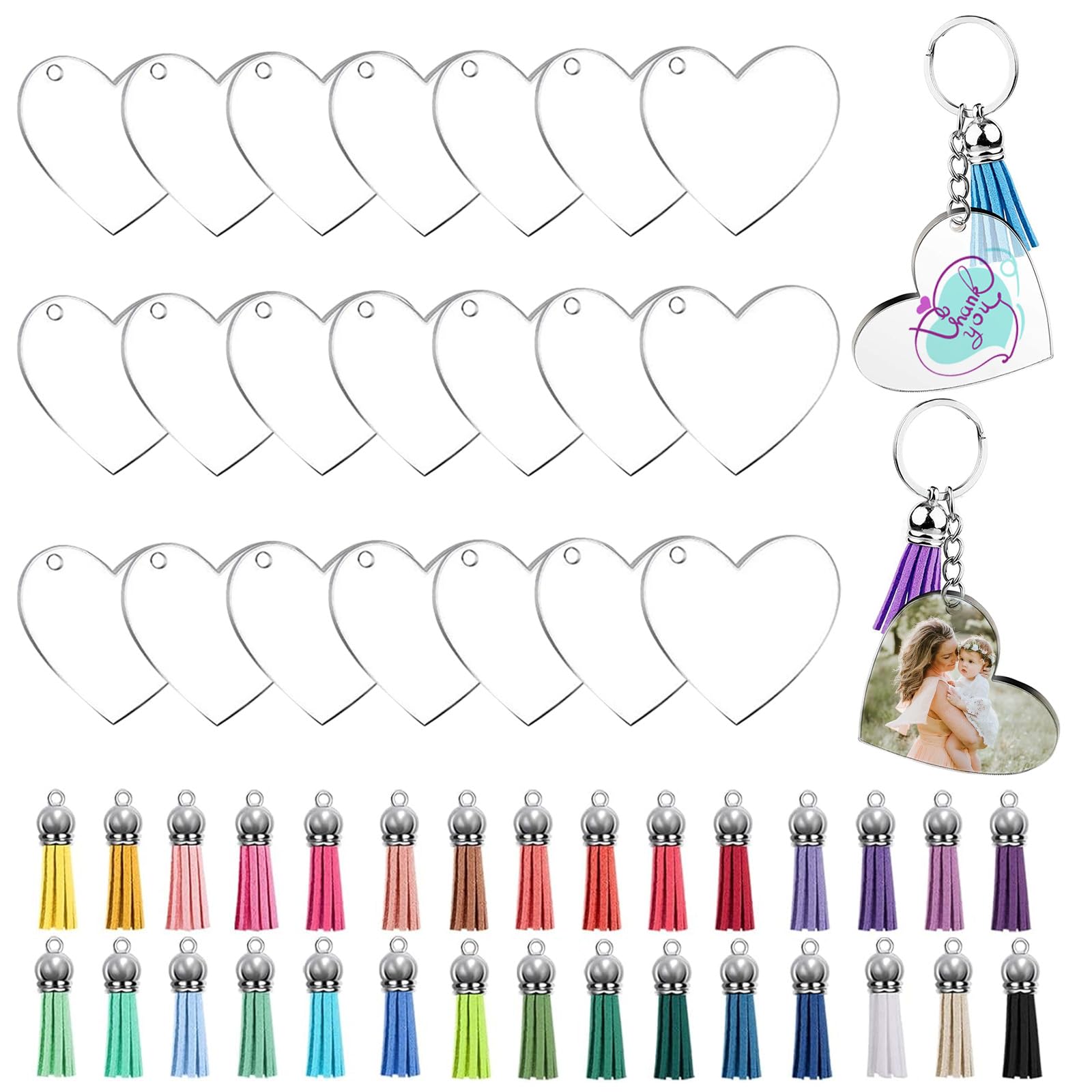 Sploziia Set 30 Portachiavi In Acrilico Fai Da Te – Con Nappe Colorate E Anelli Metallici (Forma Cuore)