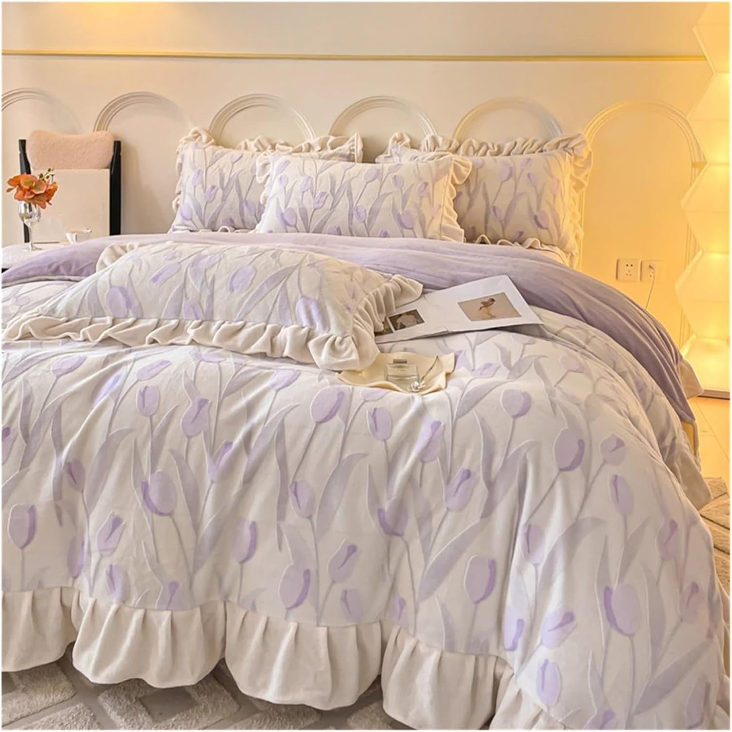 Bedding Sets Girls Ruffles Thickened Warm Quilt Cover Sheet Pillowcase Bedroom Bed Four Pieces Set(B,150x200cm 3pcs)