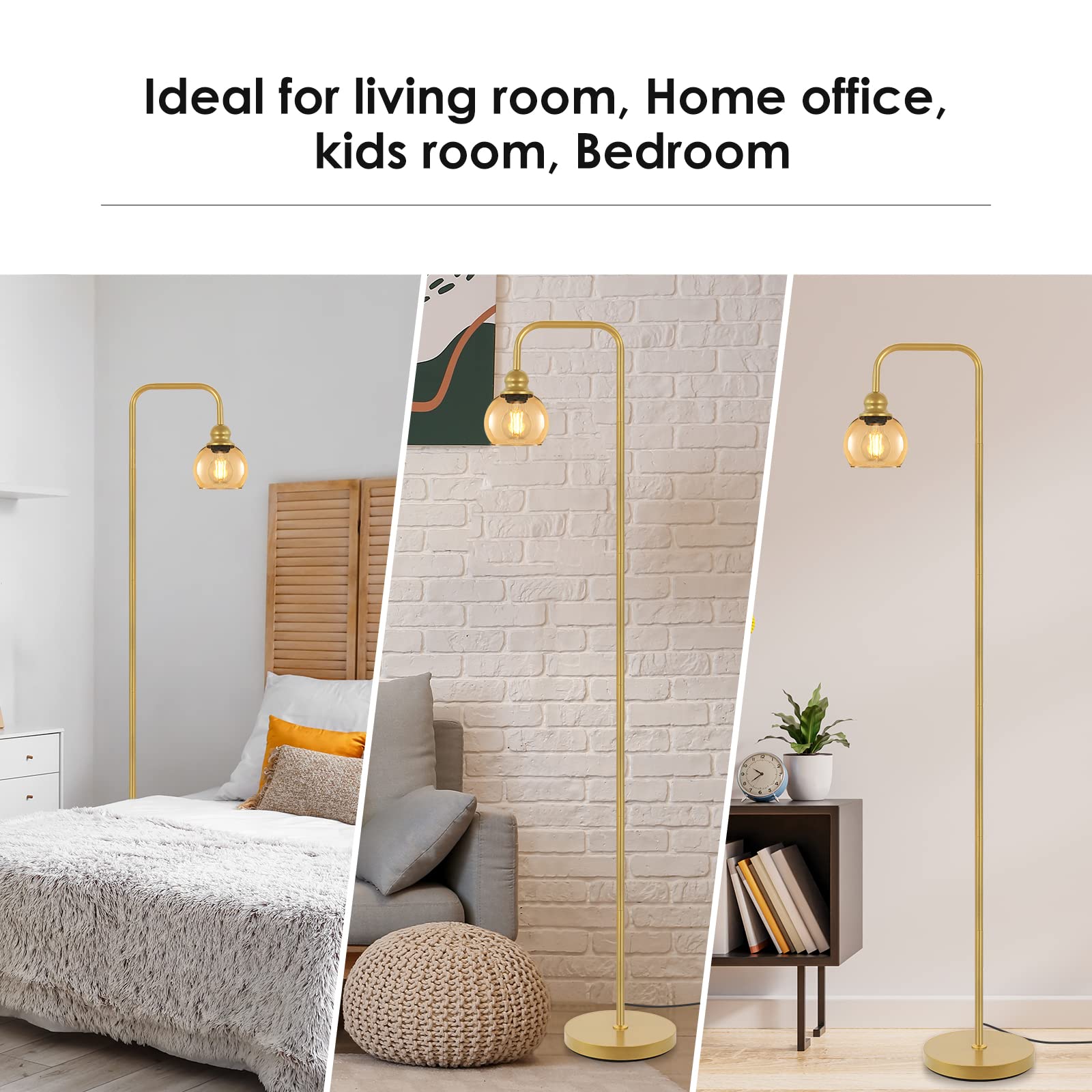 Lámpara de pie moderna para sala de estar con bombilla LED de 6 W, lámpara de pie industrial, vidrio ámbar, lámpara alta de lectura clásica para oficina en casa, lámpara de pie para estudio, 5