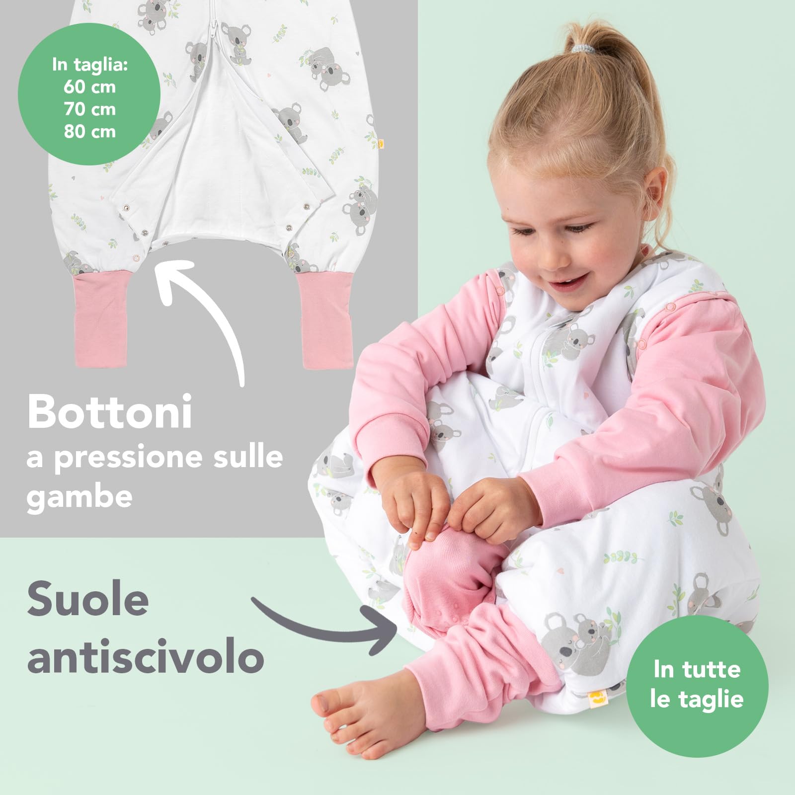 schlummersack Slumbersac Sacco nanna con piedini bambini 2.5 Tog 110 cm Koala I Sacco nanna con gambe per dimensione del corpo 110-120 cm | Sacco nanna maniche rimovibili