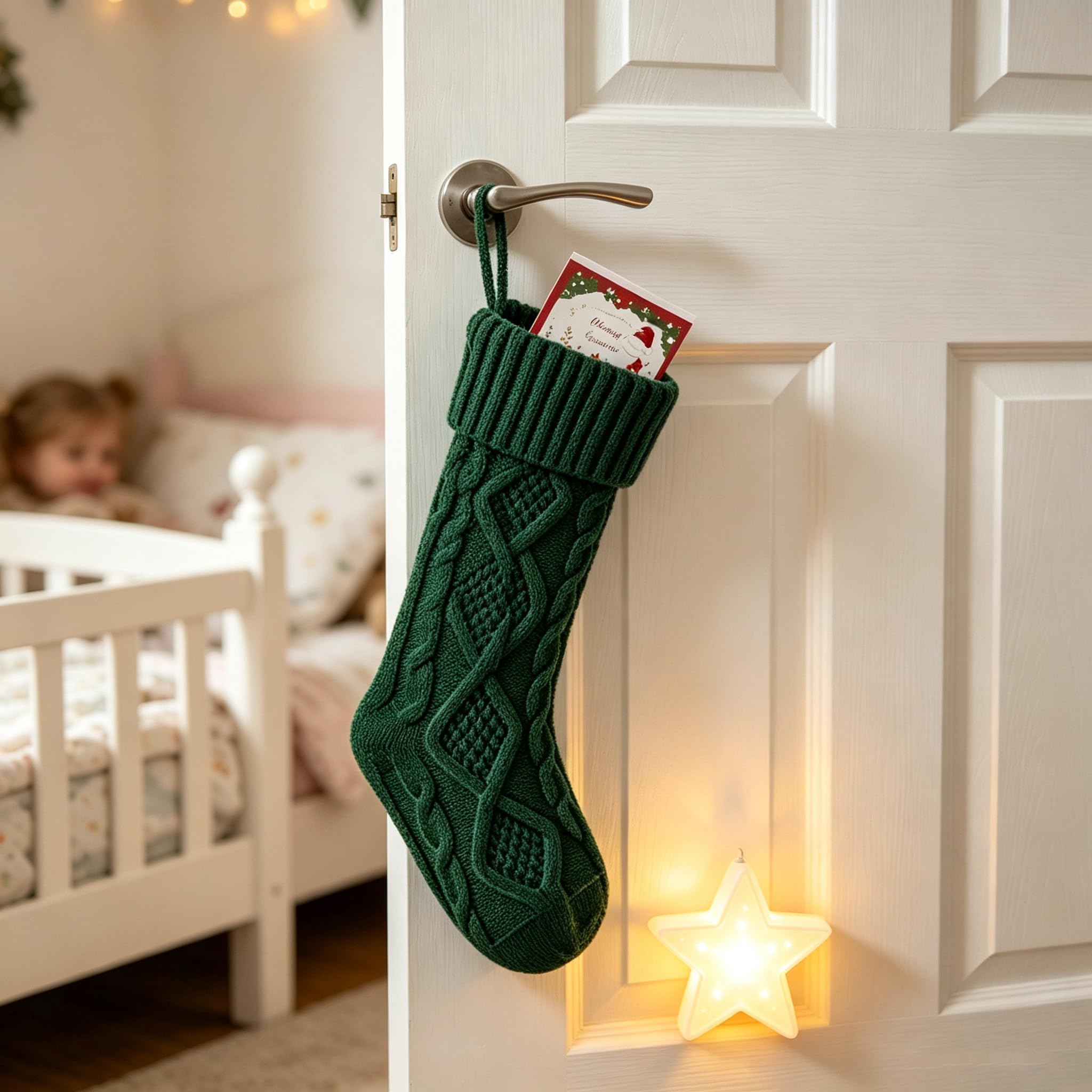 Lot de 6 chaussettes de Noël en tricot torsadé avec étiquettes | Lot de 6 grandes chaussettes de Noël en tricot avec étiquettes en bois personnalisées – Design en tricot torsadé pour