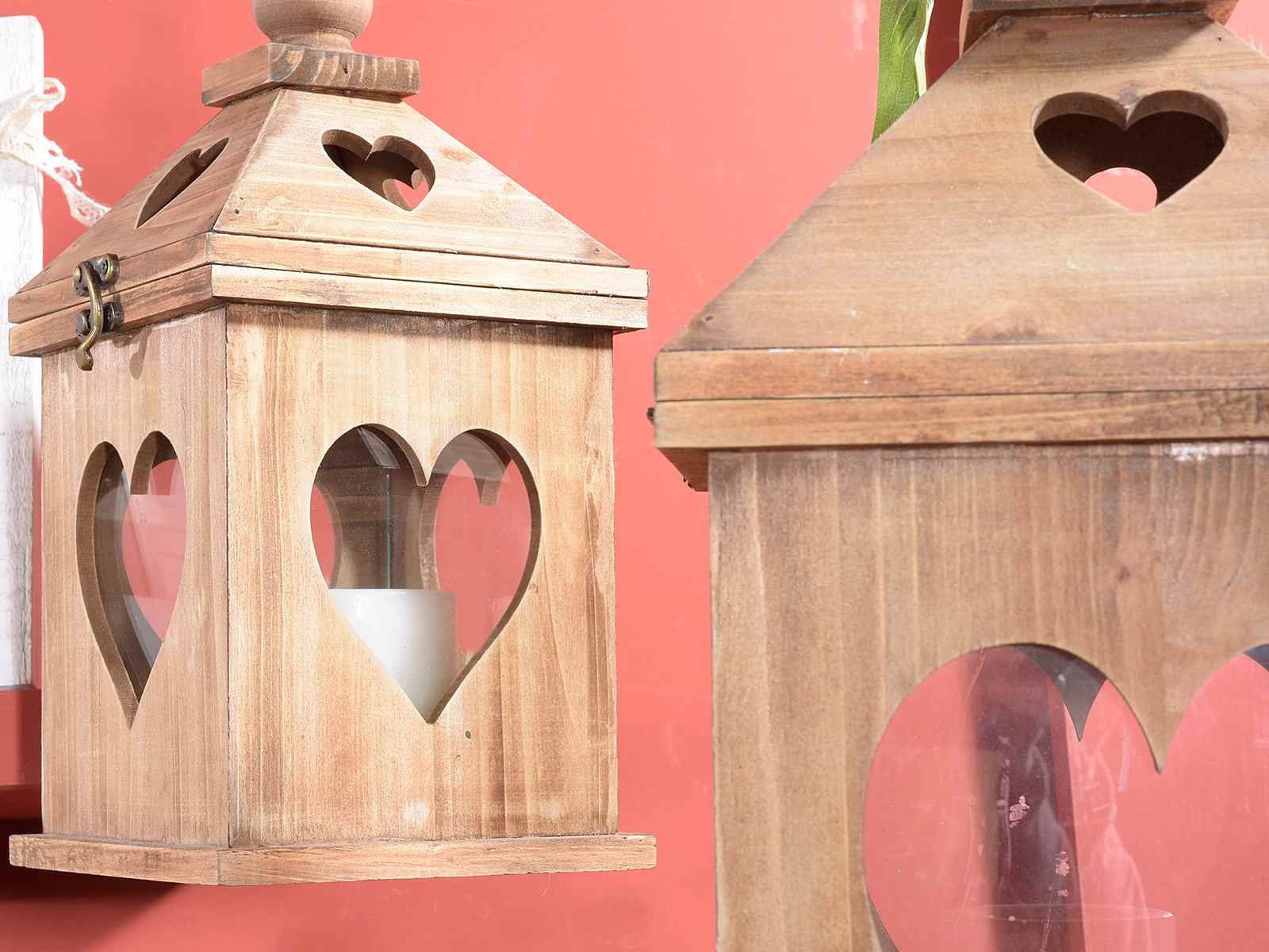 Gicos Set Di 2 Lanterne Porta Candele In Legno E Vetro, Stile Shabby Chic, Dimensioni 70 E 50 Cm, Colore Naturale