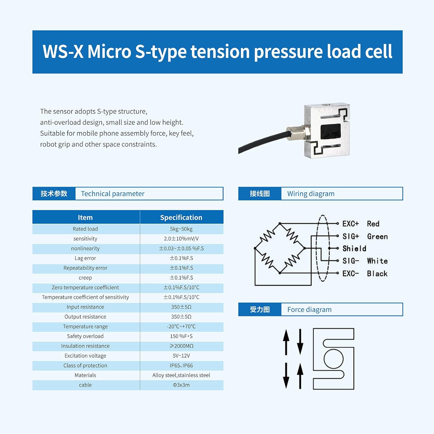 Mini S Type Load Cell Sensor for Test Tension Compression Force Weight Pressure,Accuracy0.2% Alloy Steel with 3m Cable for Small Space (0-50kg)