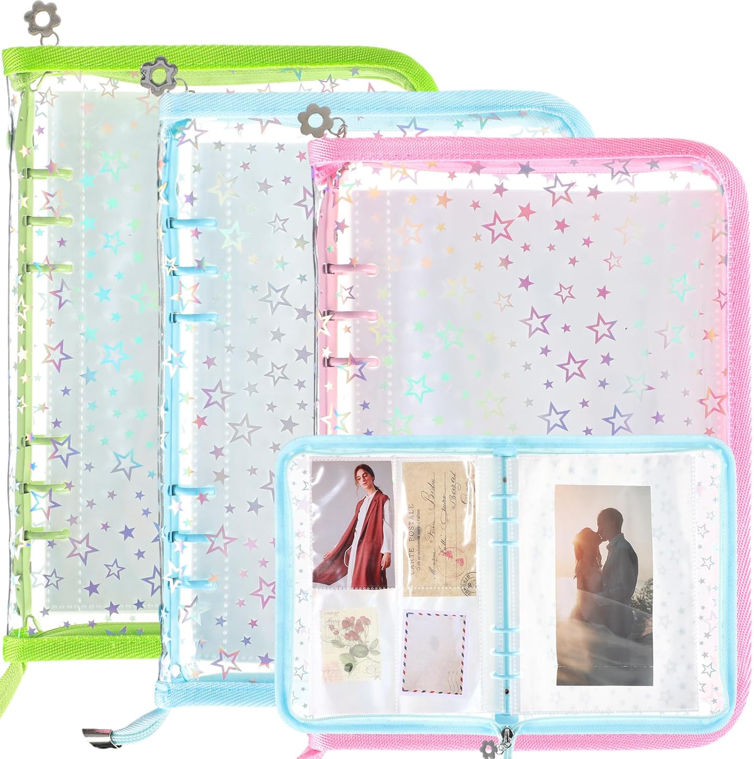 Feifeiya 3 Pack 3 in 1 Sticker Storage Organizer Binder A5 Reusable Sticker Collecting Book Album Holder with Zipper Cards Keeper with 140 Pockets (Pink Blue Green)