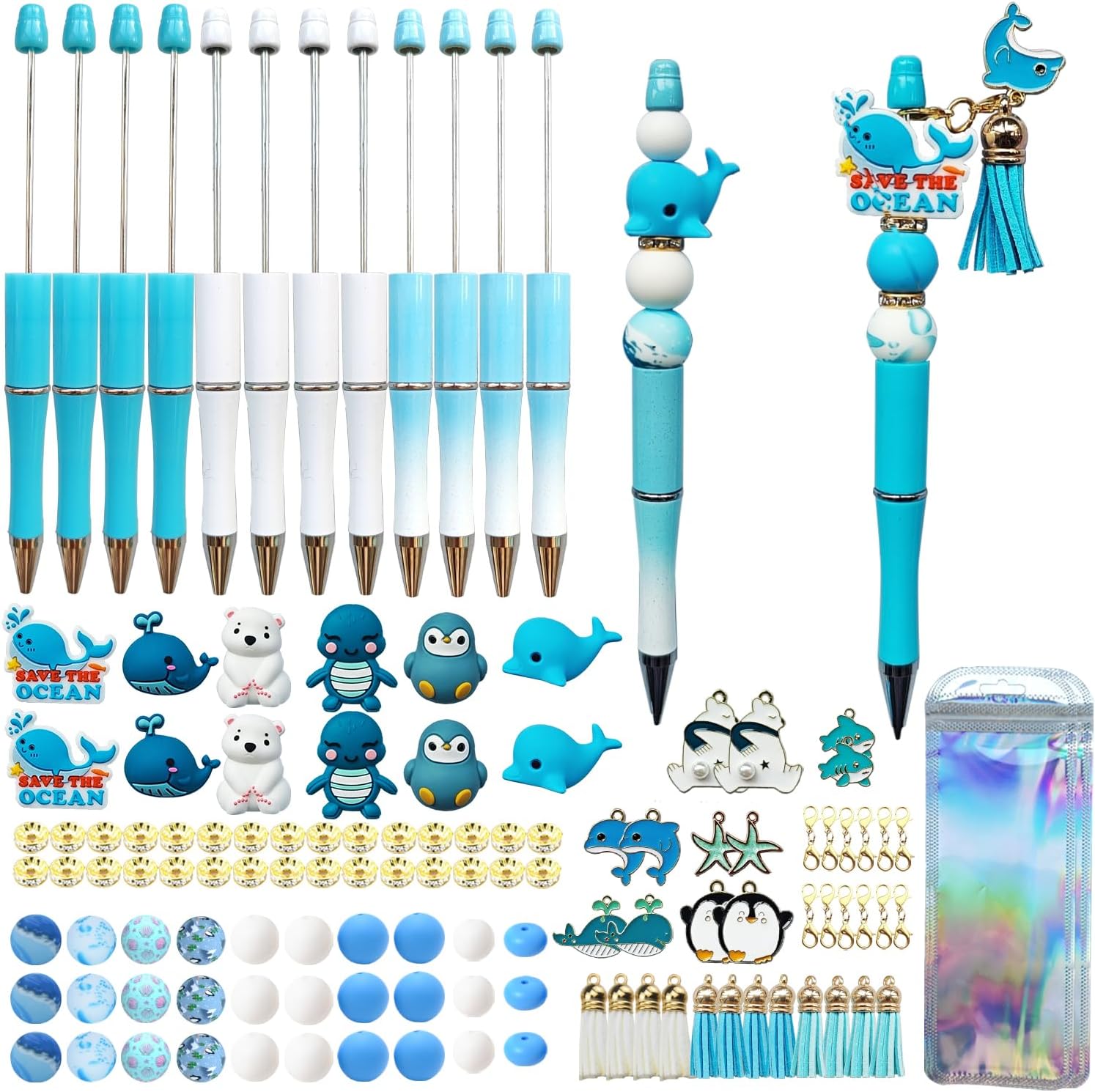 JNwhy DIY Beaded Ballpoint Pen Making Kit with Silicone Focal Beads Spacer Beads Assorted Spacer Packaging Bags Office School Present (Save the Ocean)