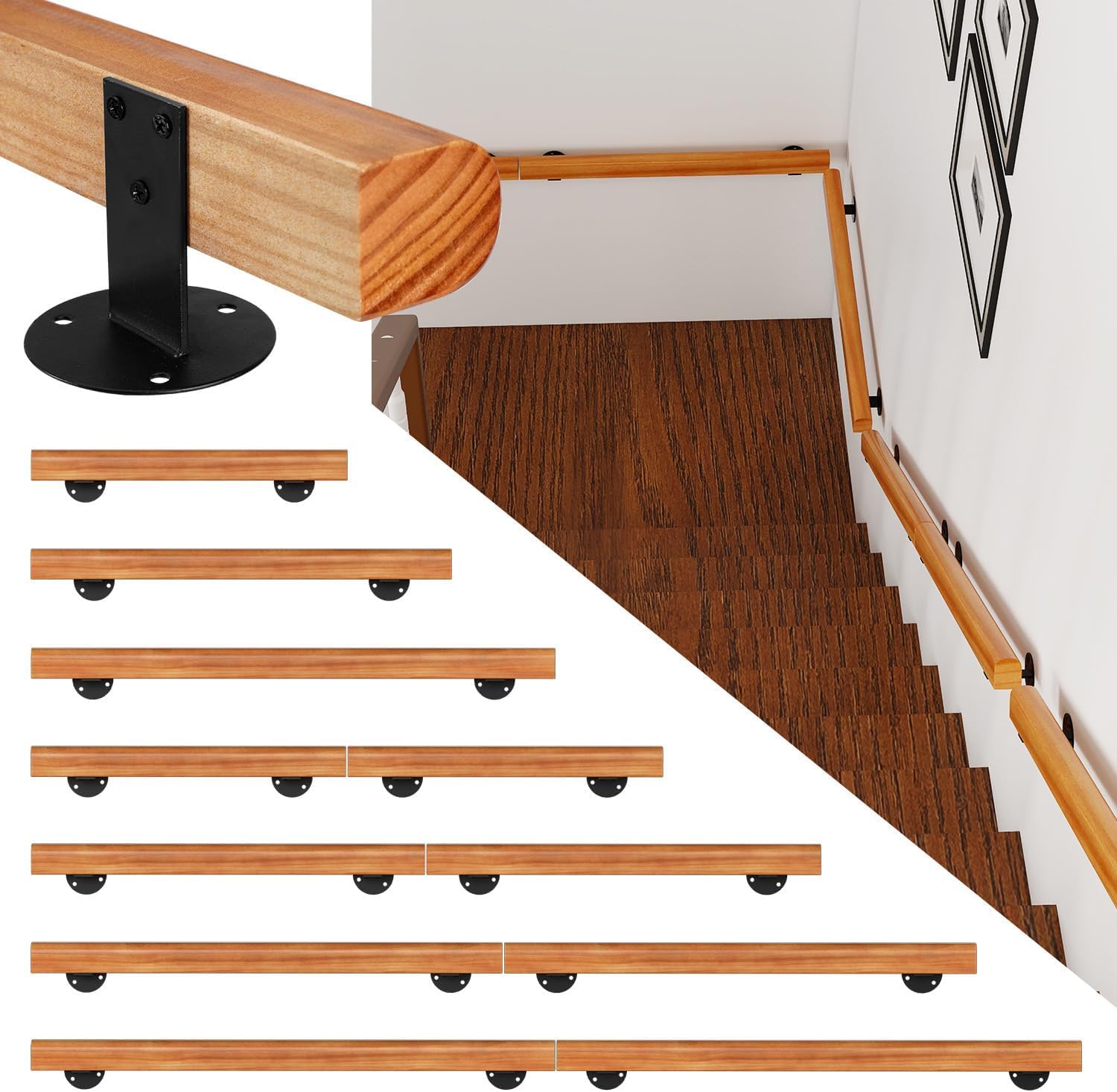 Barandilla de madera de pino para escaleras, 100 cm, pasamanos de pared, montaje lateral, incluye soportes de pared, material de montaje, para interiores, madera semicircular