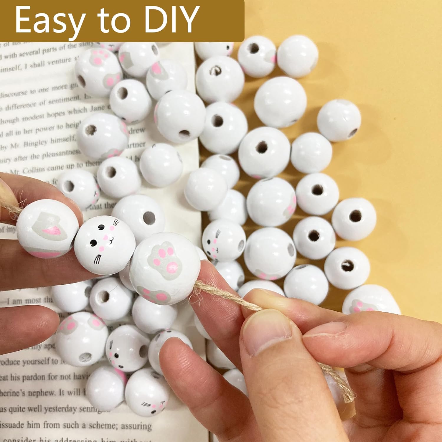QIUMING 60pcs Easter Wooden Beads Easter Bunny Pendants Round Balls Wooden Beads Easter Decorations Bunny For Easter Party Decoration (White)