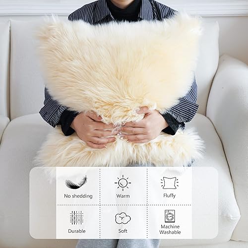 Miniatura 7 de Foindtower Paquete de 2 fundas de cojín cuadradas de piel sintética de Mongolia, nueva serie de lujo, estilo merino para sala de estar, sofá,