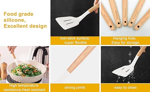 Miniatura 7 de Veluebay Juego de utensilios de cocina de silicona, 7 piezas de utensilios de cocina de silicona con mango de madera, juego de utensilios de