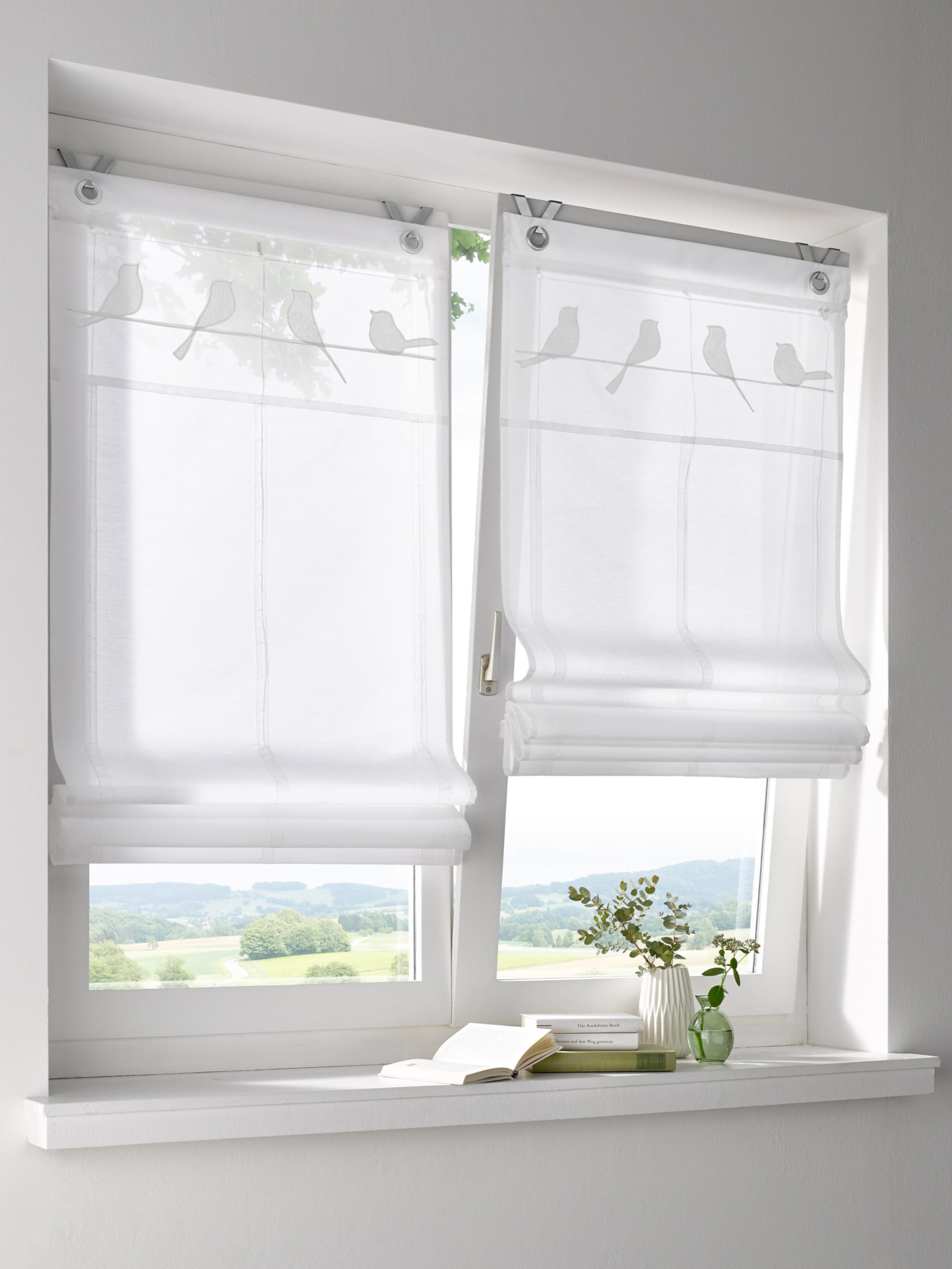 Tenda a pacchetto Gravelot con motivo uccelli in bianco – Tenda semitrasparente per finestre di dimensioni 80 x 140 cm, montaggio senza fori