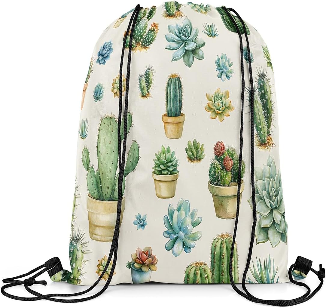 Manfei Green Cactus Drawstring Backpack Gym Bag,Rustic Style Succulents Cinch Bag,Spring Nature Plant Foldable Draw String Back Bag Sports Bag