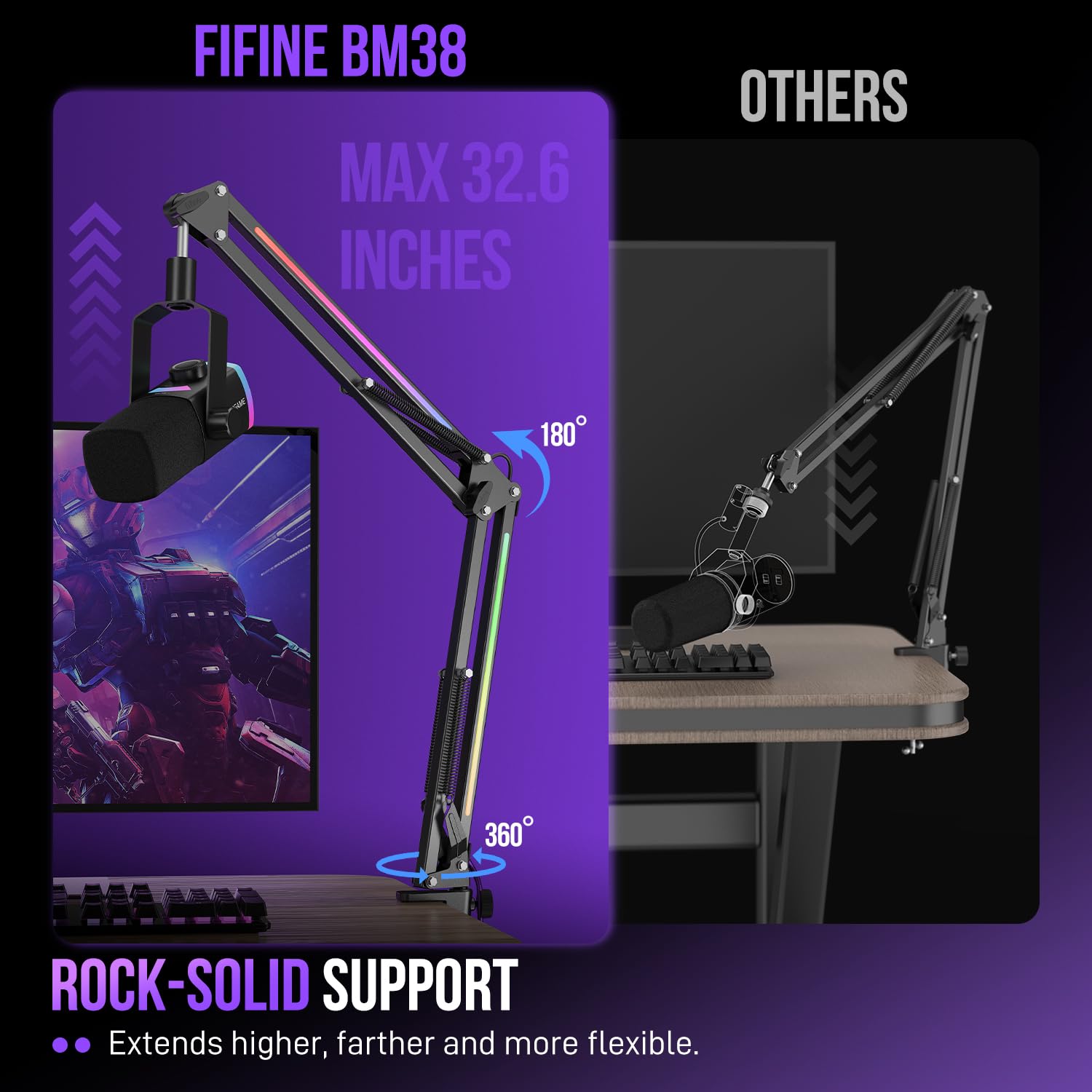 FIFINE Brazo para micrófono, soporte de brazo de micrófono de metal con control RGB, adaptador de tornillo de 3/8 a 5/8 pulgadas, abrazadera de montaje en escritorio, soporte de micrófono de tijera de