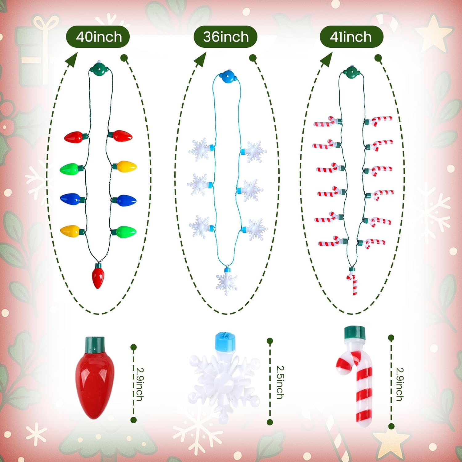 Condition photo showing New/Like New for POPLAY Christmas Light Up Necklaces, 3PCS 36~41inch Glowing Necklaces Snowflake Candy Cane LED Bulb String Lights for Indoor Christmas Winter Decoration Party Supplies